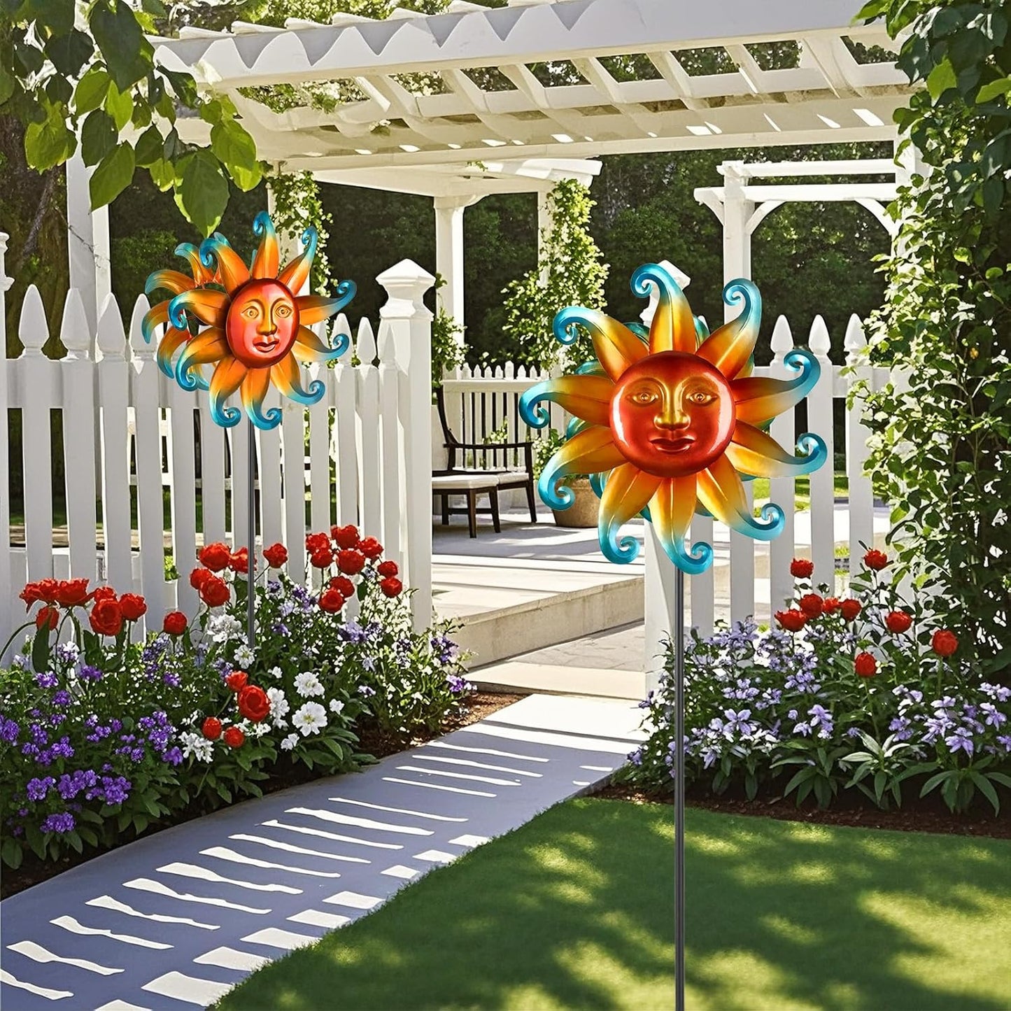 60 Inch Metal Large Wind Spinner with Garden Stake，360 Metal Swivel Outdoor Wind Sculpture,Sun Metal Windmill Decorations Gifts for Women Grandma Birthday Mothers Day