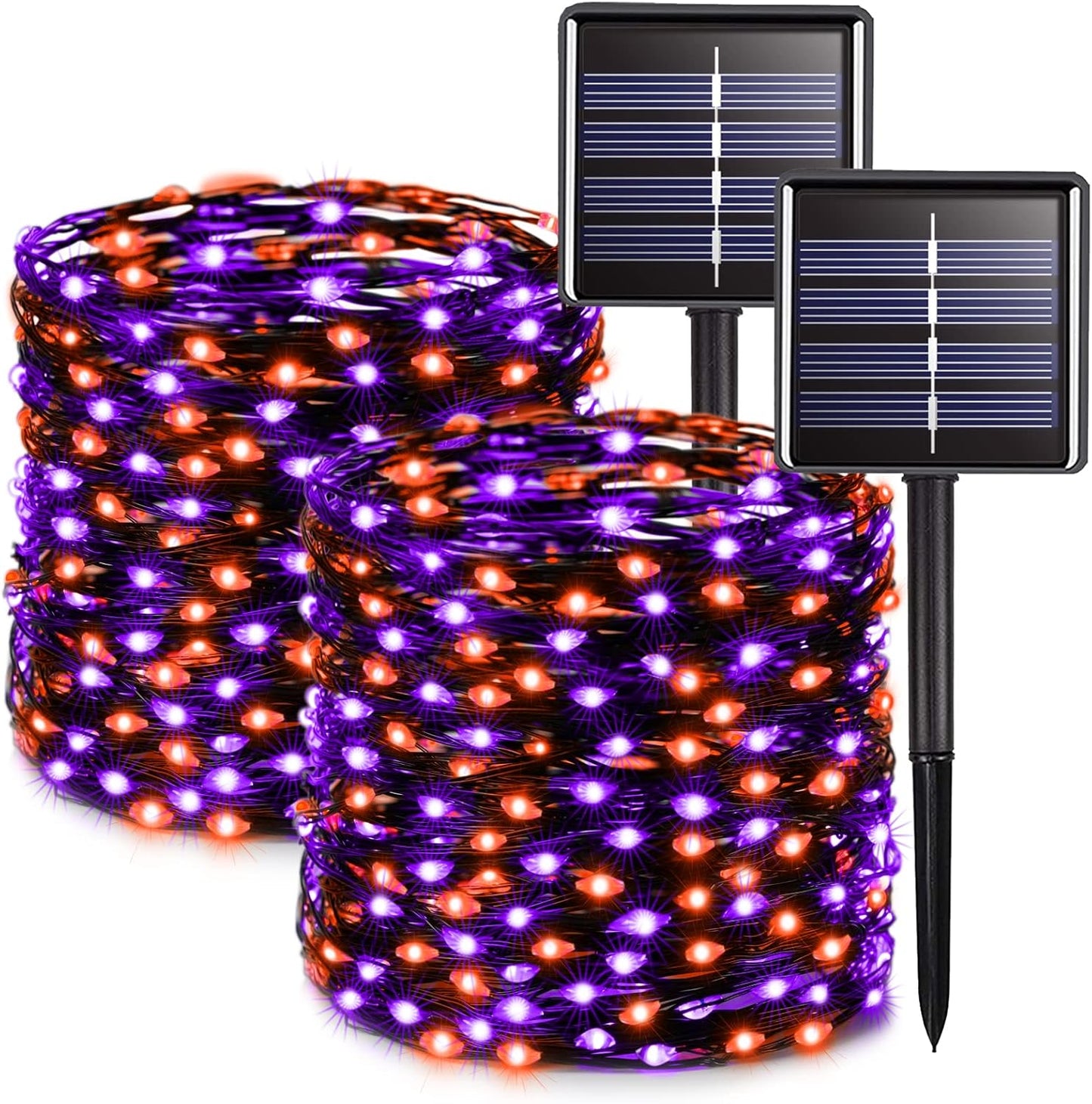 JMEXSUSS 2 Pack Solar Halloween Lights Outdoor Waterproof, Total 66FT 200 LED Orange and Purple Halloween Lights, 8 Mode Black Wire Solar Fairy String Light for Outside Yard Spooky Party Decorations