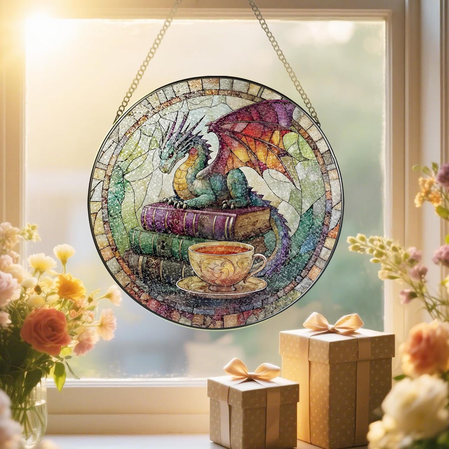 Dragon Stained Glass Window Hanging, 8 Inch Sun Catchers Indoor Window, Suncatchers for Windows Hanging, Home Decor and Christmas, Festival, Birthday, Gifts for Readers, Book Lovers, Women, Men