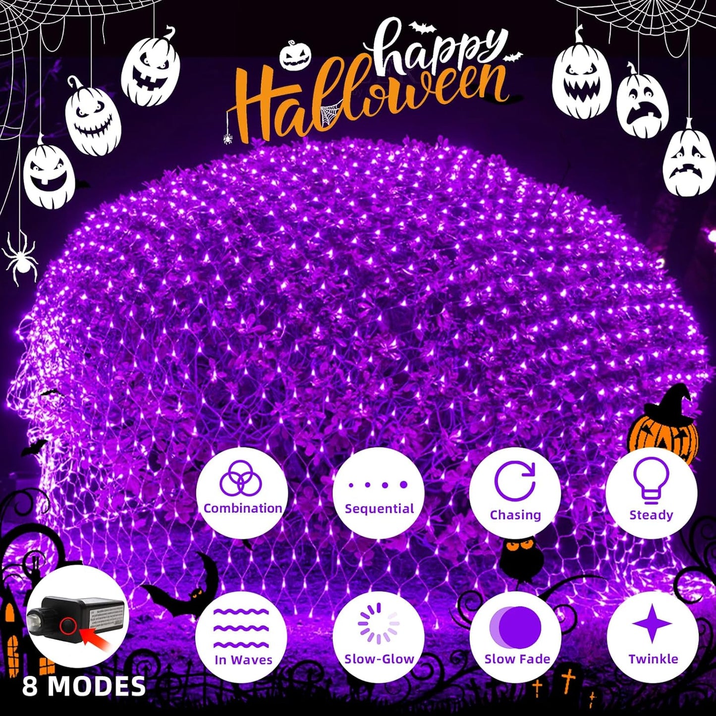 HeKation Halloween Net Lights Outdoor, Purple Halloween Net Mesh Lights 200 Led Bulbs Waterproof, for Indoor, Curtain, Tree, Bush, Party, Wedding, Fairy, Wall(9.8'x6.6', Plug in)