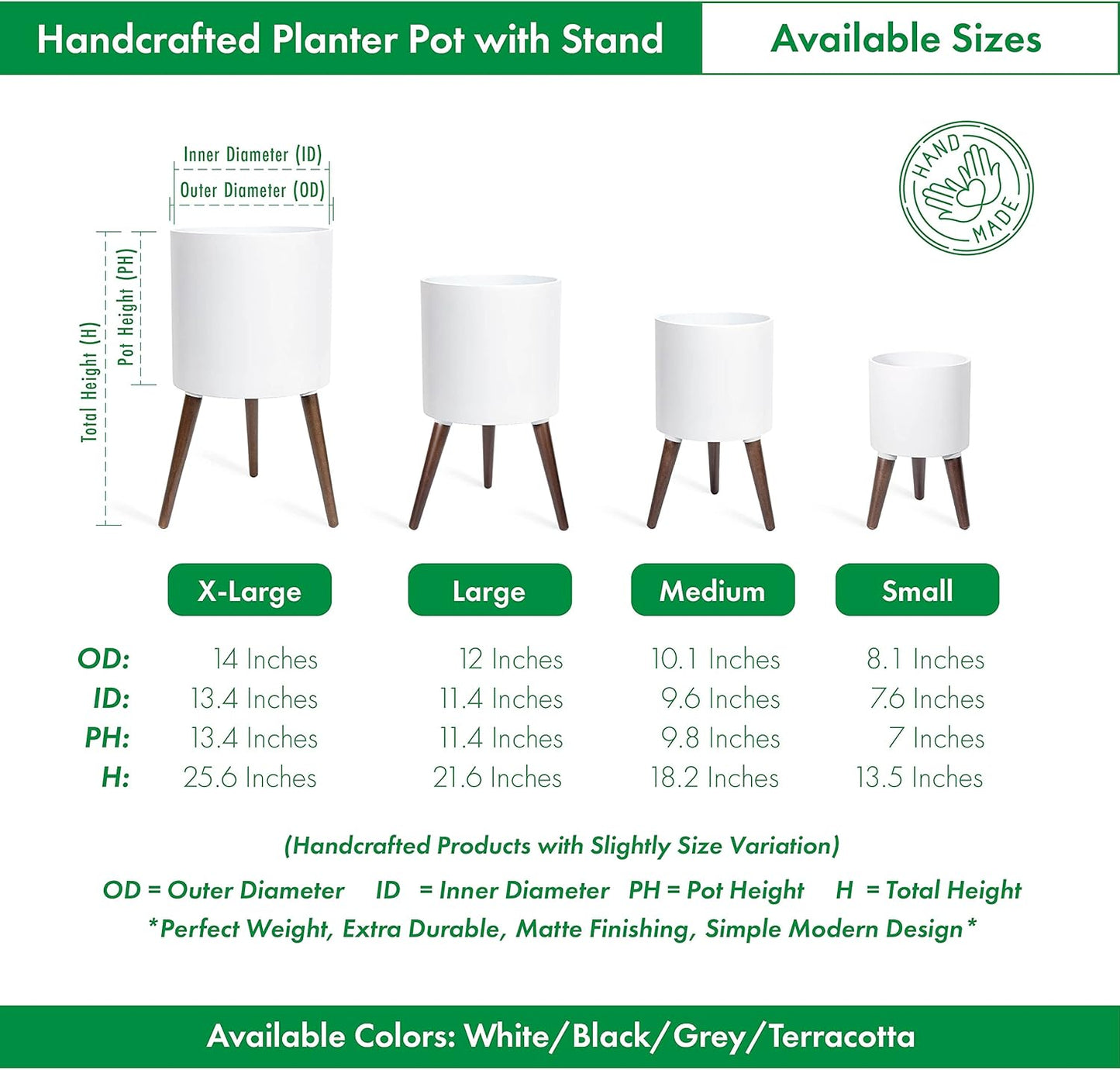 D'vine Dev 12 Inch Planter Pot with Stand, Mid-Century Tall Plant Pot with Legs for Indoor Plants, Large, White, 88-O-C-1