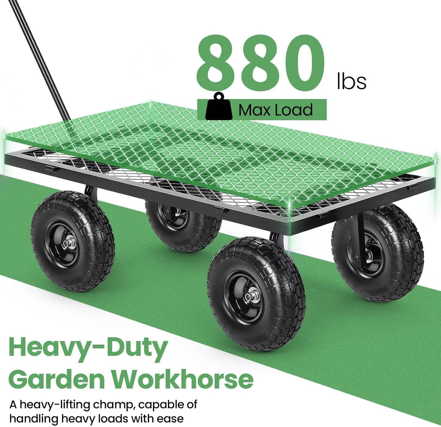 Homdox MAX 880LB Garden Cart, Heavy Duty Garden Wagon, Mesh Foldable Garden Cart, Pullable Gardens Wagon with 180° Rotating Handle, Collapsible Garden Carts for Yard Beach Farm, Black with Bag