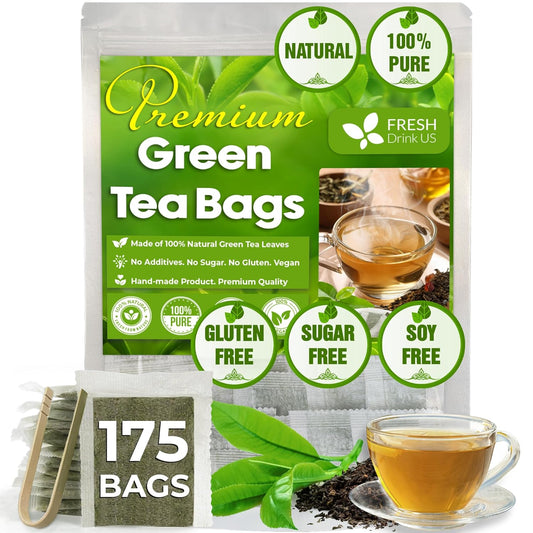FreshDrinkUS, Premium 175 Green Tea Bags, 100% Natural & Pure from Green Tea. Green Herbal Tea. Made with Natural Material Tea Bags. No Sugar, No Gluten, Vegan