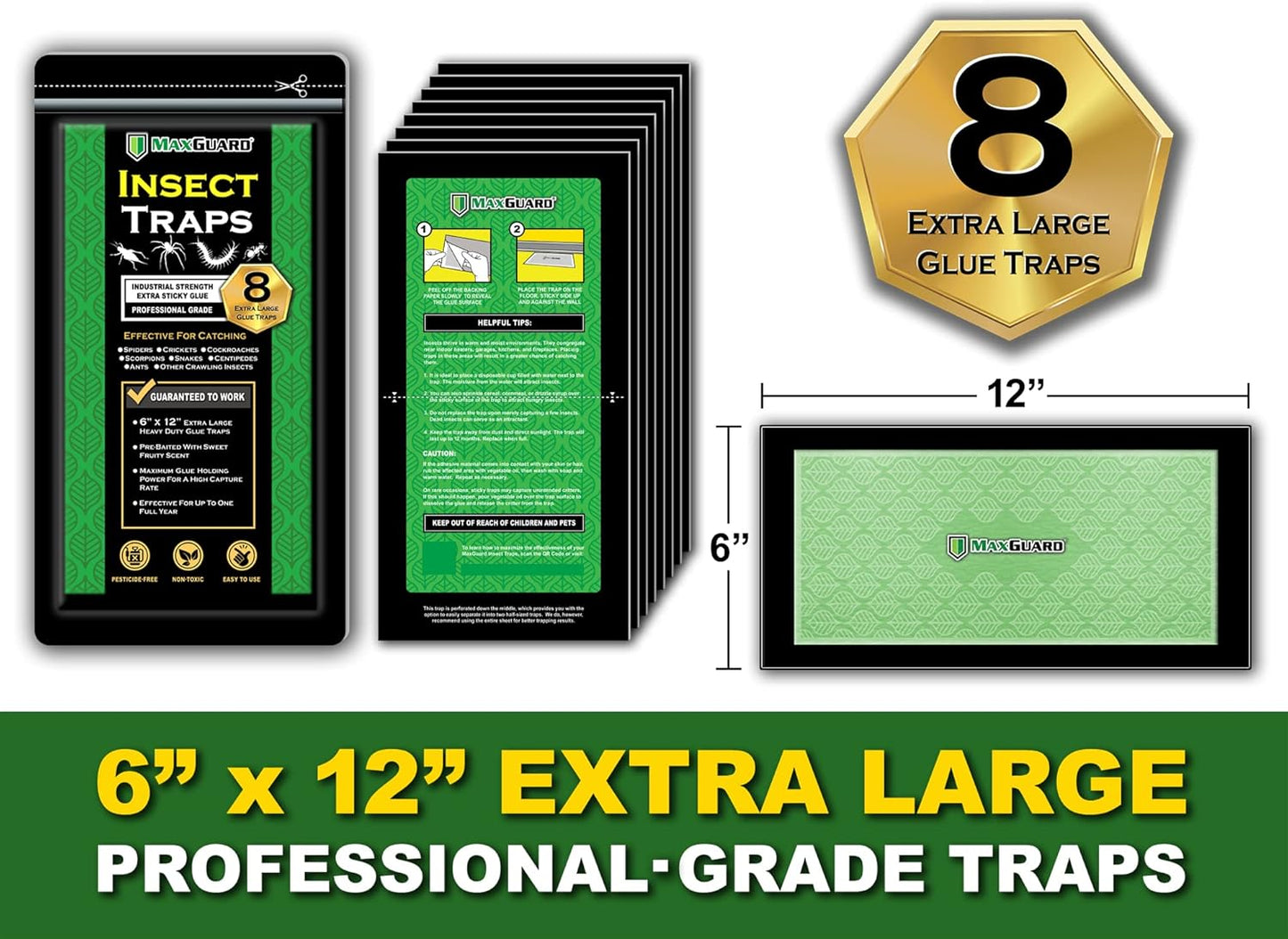 MaxGuard Extra Large Insect Traps (8 Traps) | Non-Toxic Extra Sticky Pre-Baited Glue Board, Trap & Kill Most Crawling Insects, Bugs, Spiders, Crickets, Scorpions, Cockroaches, Centipedes, Snakes.