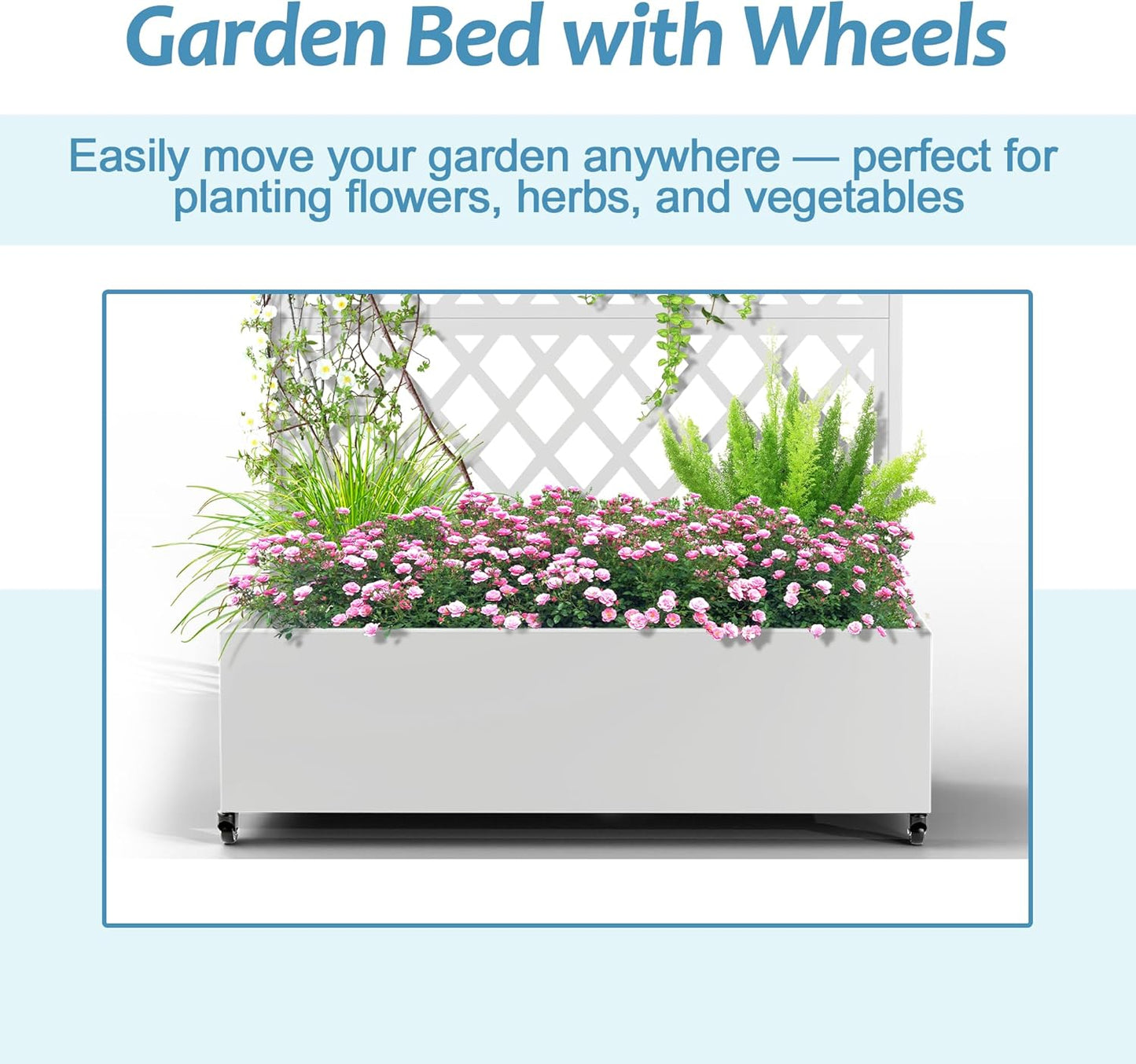 Metal Planter Box with Trellis & Wheels, Raised Garden Bed with Privacy Screen, Outdoor Standing Flower Beds with Drainage Hole for Climbing Plants, Vine, 47.2''L×15.7''W×70.9''H, White