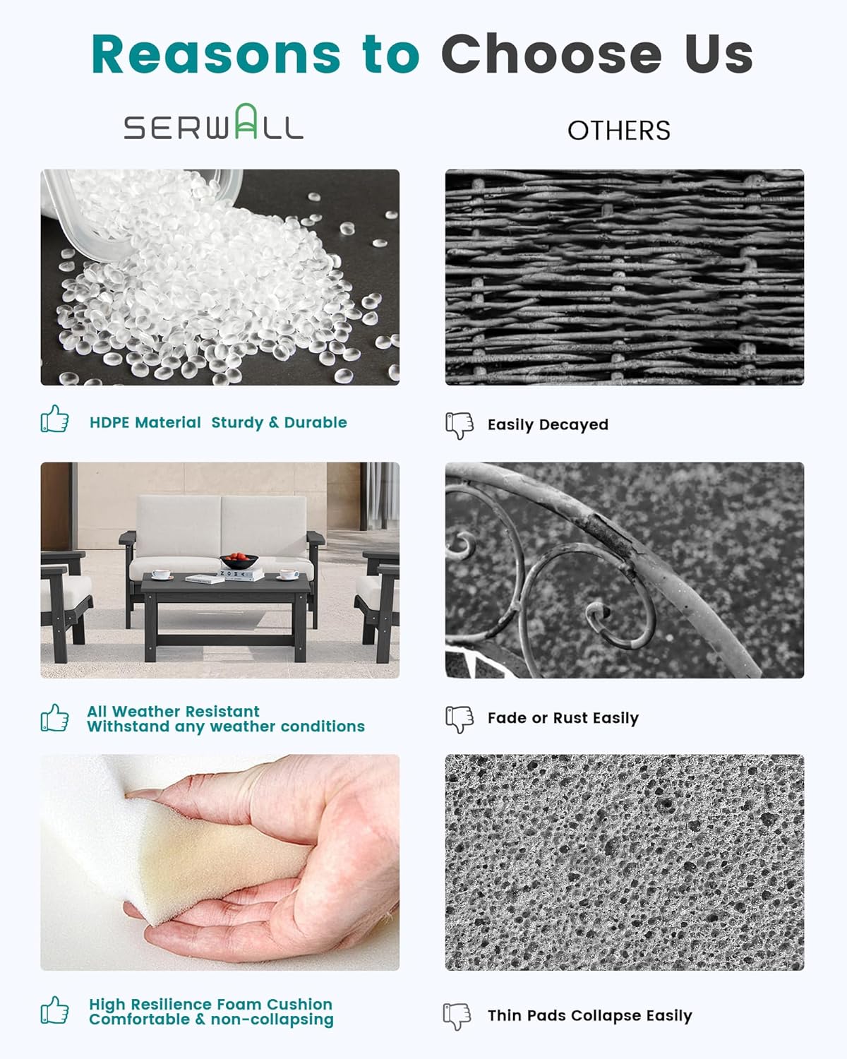 SERWALL Outdoor Patio Furniture Set, 5 Piece HDPE Patio Conversation Sets, All-Weather Wood-Like Outdoor Couch Loveseat and Coffee Table with Thick Cushions for Porch Balcony Garden Backyard