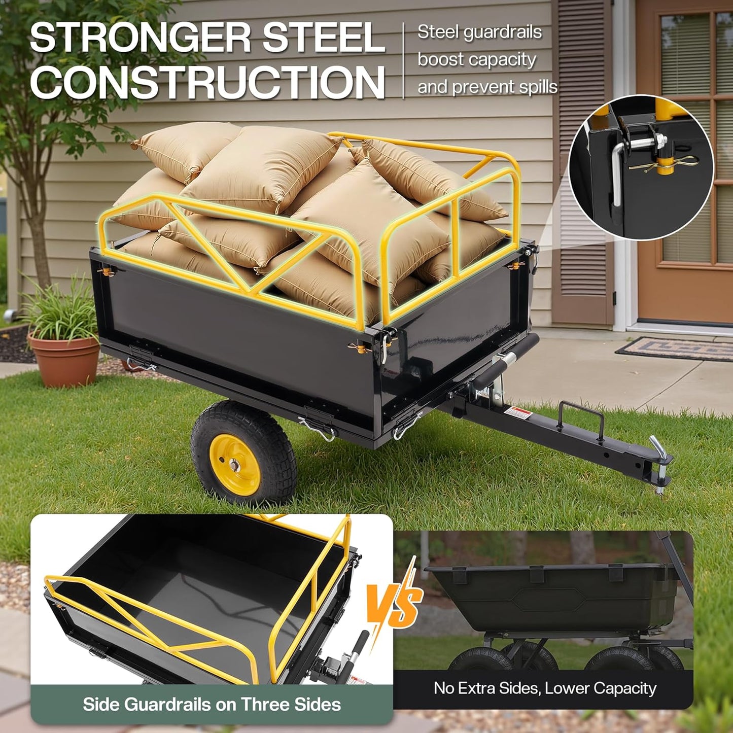 Jocisland Garden Utility Trailer, 500Lbs 12 Cu.Ft ATV UTV Trailer Tow Behind Dump Cart with Removable Sides, Rear Hitch & Convenient Handle, Outdoor Lawn Mower Cart for Tractor