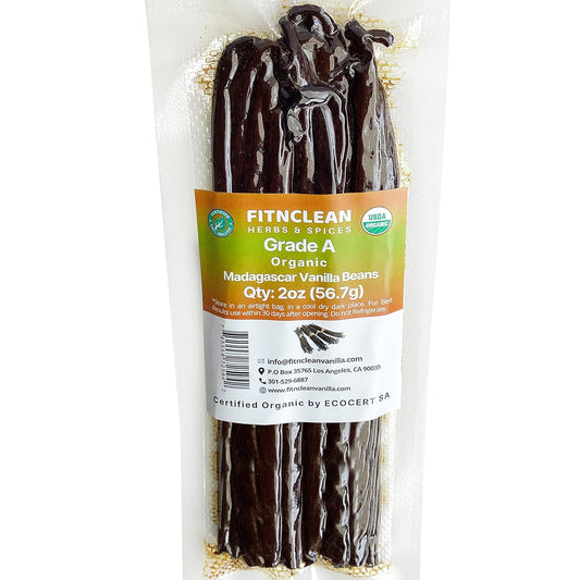 2oz Madagascar Organic Vanilla Beans Gourmet Grade A. Certified USDA Organic 6"-8" by FITNCLEAN VANILLA Bourbon Fresh for Extract, Essence, Brewing, Baking NON-GMO Whole Pods