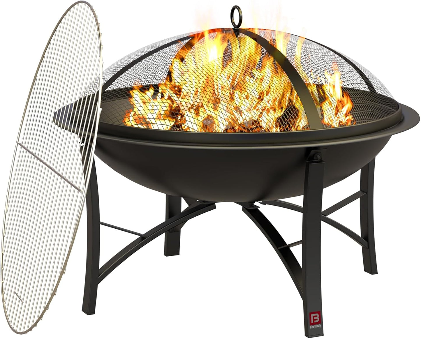 Fire Beauty Fire Pit for Outside Wood Burning,BBQ Grill Steel Fire Bowl with Cooking Grate,Spark Screen Cover,Log Grate,Poker for Camping Beach Bonfire Picnic Backyard Garden
