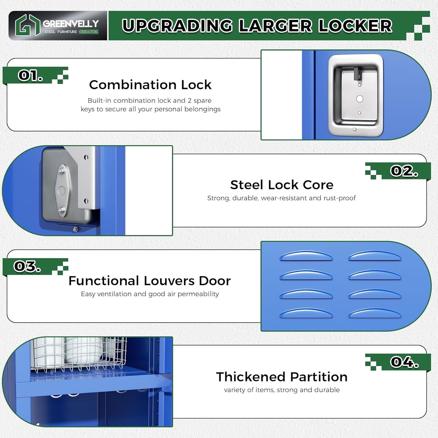 Greenvelly Storage Locker for Employee,Office,Metal Gym Locker with 3 Door,Steel Blue Locker Cabinet Organization for School, Free Standing