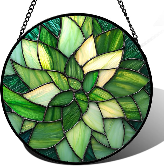 Stained Glass Window Hanging - Green Plants Suncatcher for Doors Garden Patio Flowers Sun Catchers Decor Christmas Mother's Day Birthday Gifts for Women Men Mom Nana Friend 7.8 in