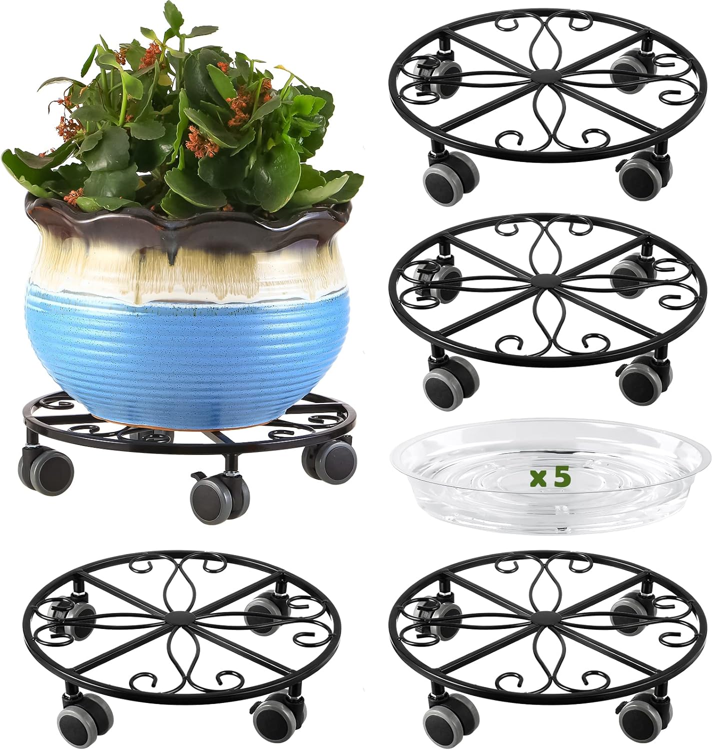 5 Pack Plant Caddy with Wheels Heavy Duty 13.5 Inches Metal Plant Stand with Wheels Plant Dolly Rolling Plant Stand Plant Roller with Casters for Indoor and Outdoor, Black