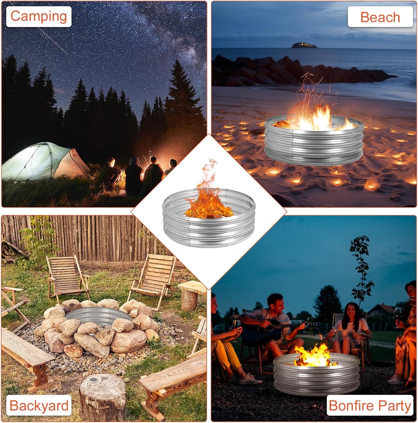 OUSHENG Galvanized Fire Pit Ring for Outside Wood Burning, Metal Firepit Liner for Above Ground Outdoor Camping Beach Backyard Park