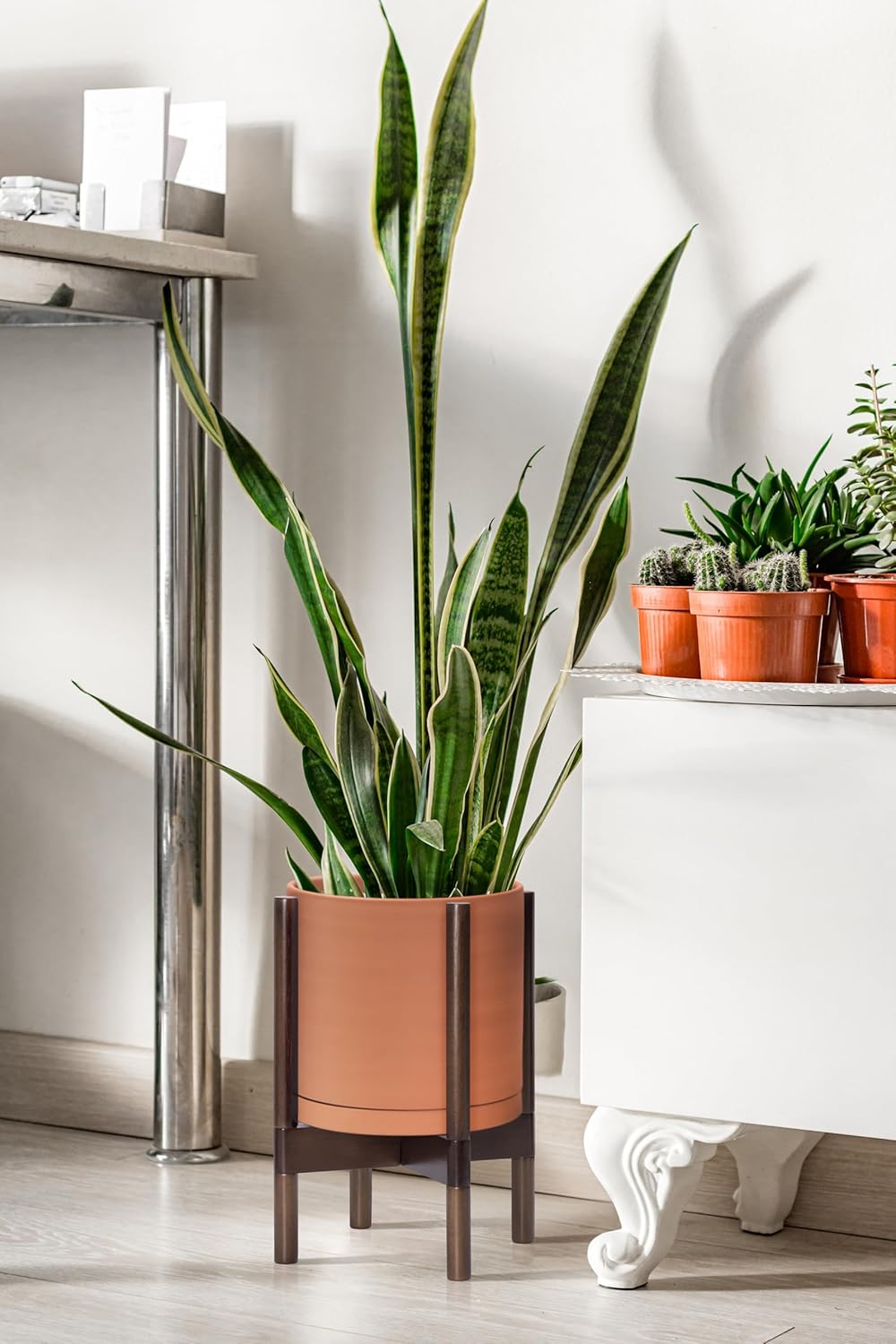 D'vine Dev Terracotta Planter with Walnut Color Stand - 10 Inch Modern Round Flower Pot with Wood Planter Holder, Terracotta, 55-B-X-5