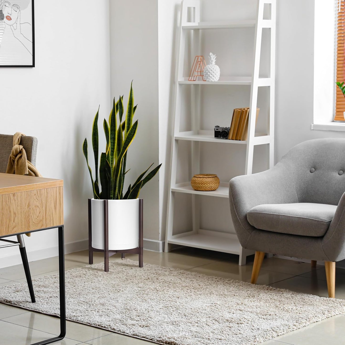 D'vine Dev Planter Pot with Stand - 14 Inch Plastic Cylinder Flower Pot with Wood Planter Holder for Indoor, Matte White Pot + Walnut Color Stand, 55-C-R-1