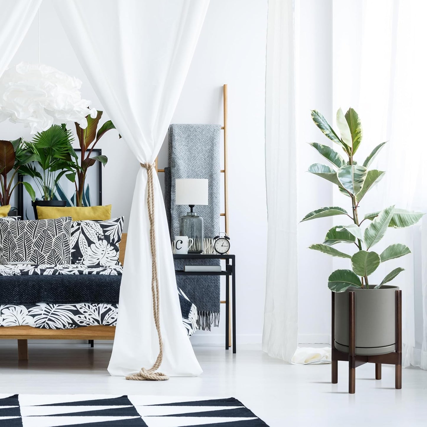 D'vine Dev Ceramic Planter with Walnut Color Stand - 10 Inch Modern Round Flower Pot with Wood Planter Holder, Grey, 55-B-X-3