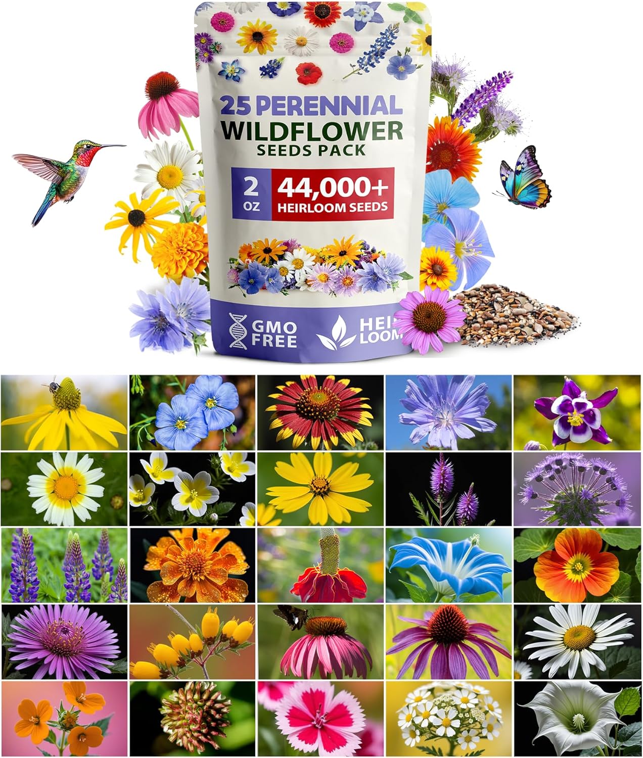 HOME GROWN 𝗨𝗦𝗔 𝗣𝗥𝗘𝗠𝗜𝗨𝗠 Wildflower Seeds - 44,000 Non GMO USA Perennial Seeds (2oz) 19 Varieties for Butterfly & Pollinator Garden - Wild Flower Seed Mix for Full Sun & Shade