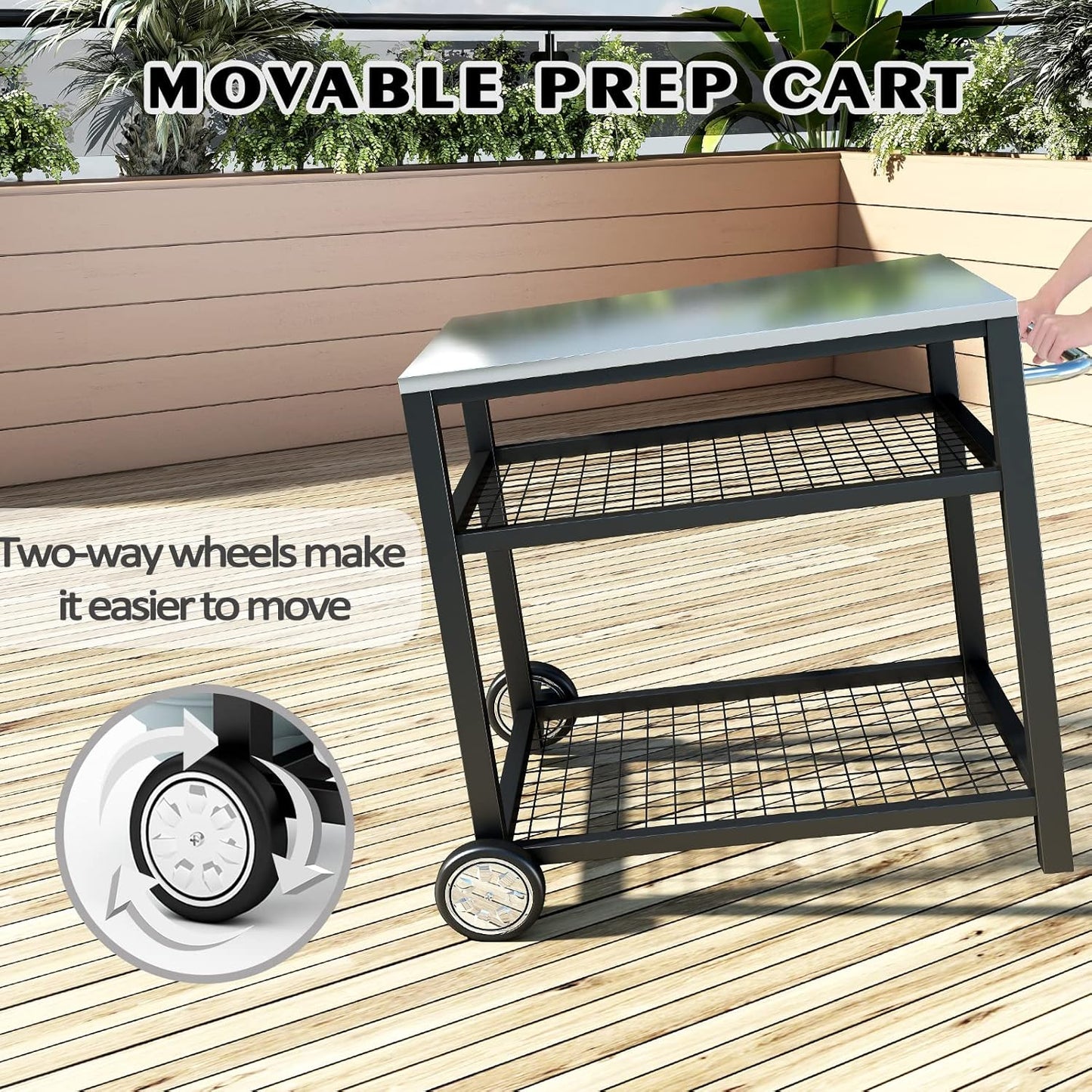 Stainless Steel Grill Cart Pizza Oven Stand Trolley Table with Wheels Pizza Cart Three-Shelf Movable Food Prep Work Dining Table with Double-Shelf Heavy Duty Outdoor 31.5" x 24 x 33.5