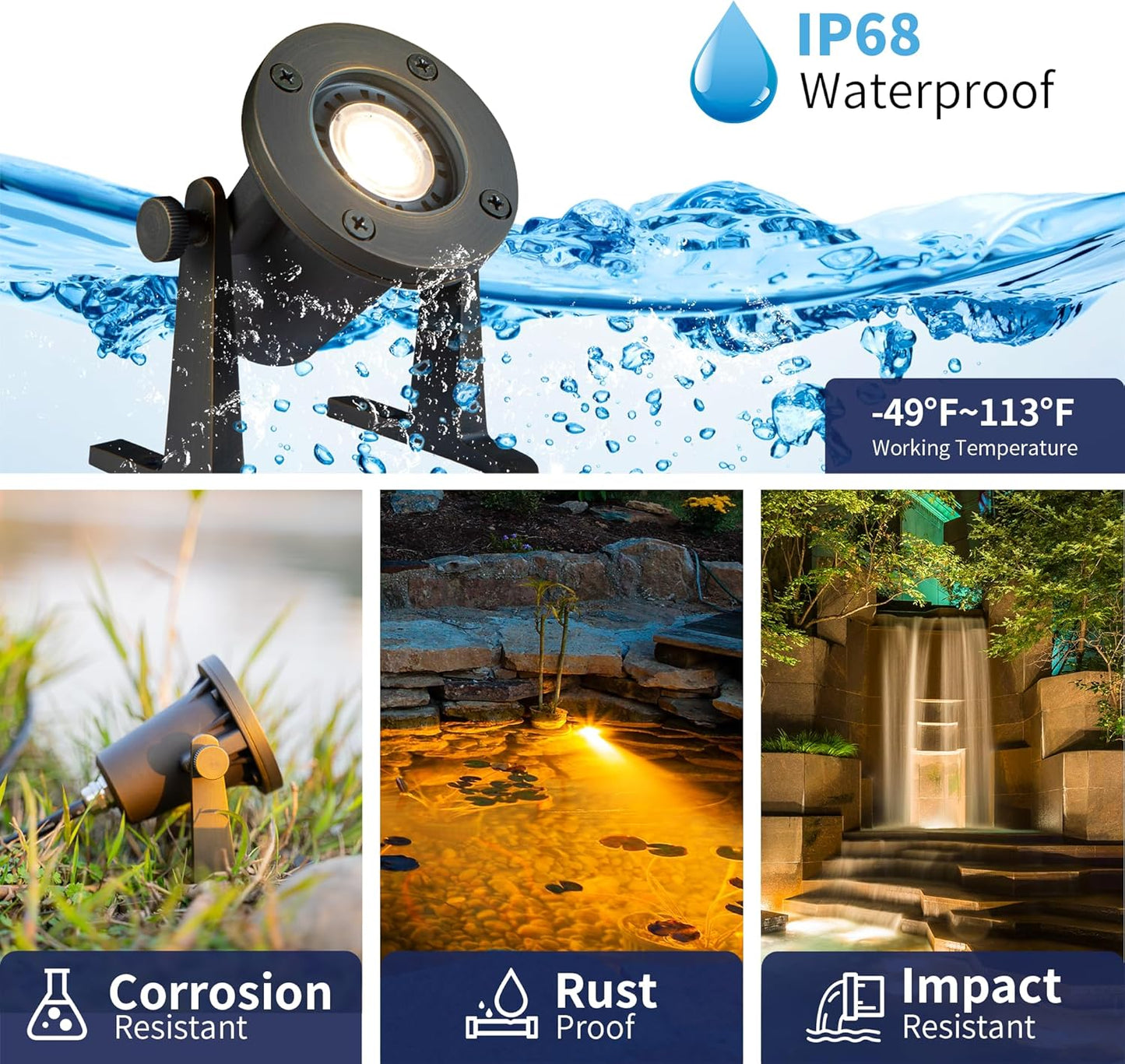 Submersible Pond Light - 12V Low Voltage IP68 Waterproof, Solid Brass Underwater Light with 2700K MR16 LED Bulb, for Water Fountains, Waterfalls, Pool and Outdoor Landscape Lighting(4 Pack)