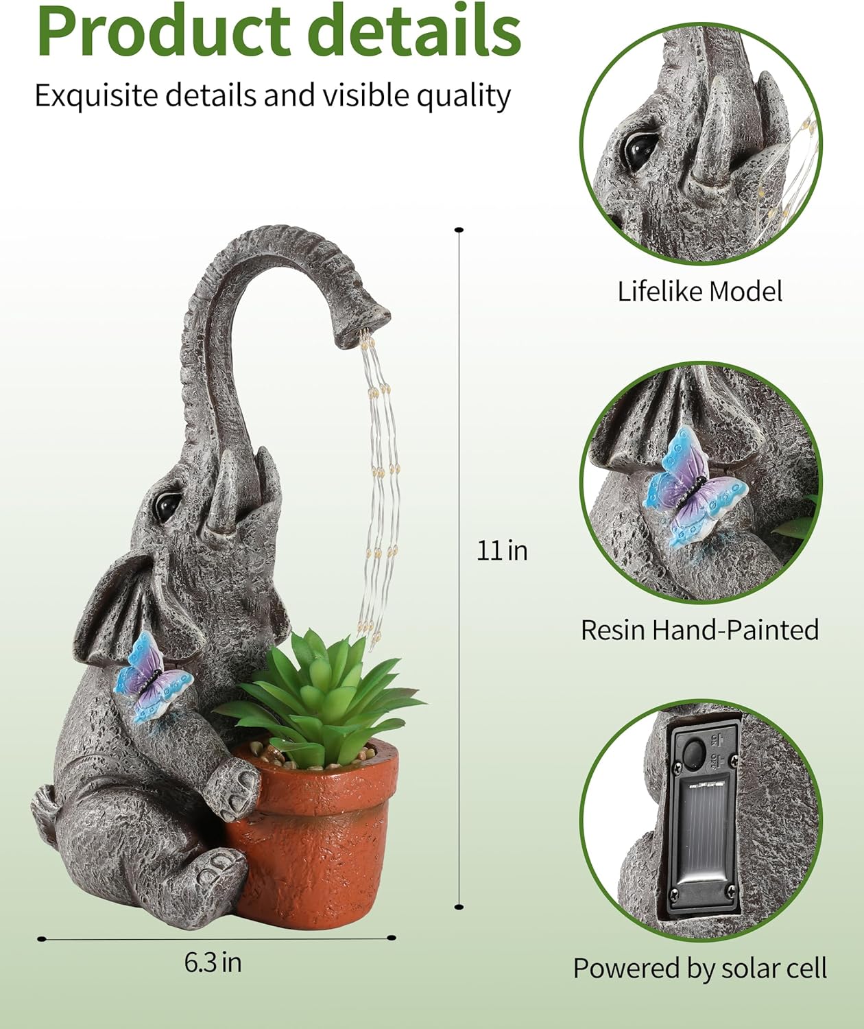 iStatue Solar Elephant Figurine with Succulent Plant Pot - 11'' Hand-Painted Lifelike Resin Lawn Ornaments Statue for Yard Art Garden Decor Gifts (Elephant)