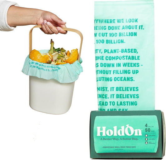 HoldOn 4-Gallon Trash Bags – Heavy-Duty and Compostable, Small Kitchen Bags for Kitchen Bin (50 bags)