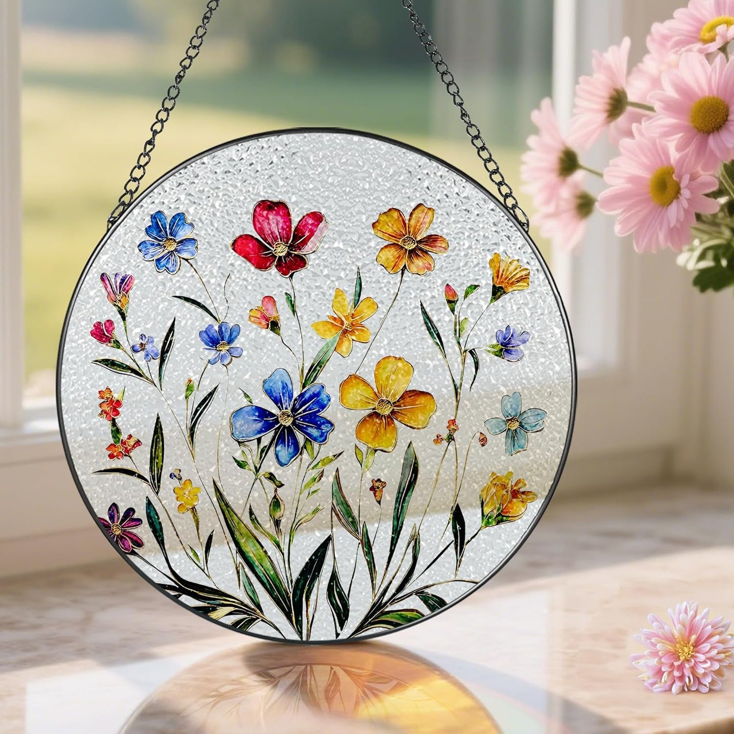 Wildflower Stained Glass Suncatcher, Stained Glass Window Hanging, 8 Inch Wildflower Window Decor, Suncatcher, Florist Gift, Gift for Flower Lovers
