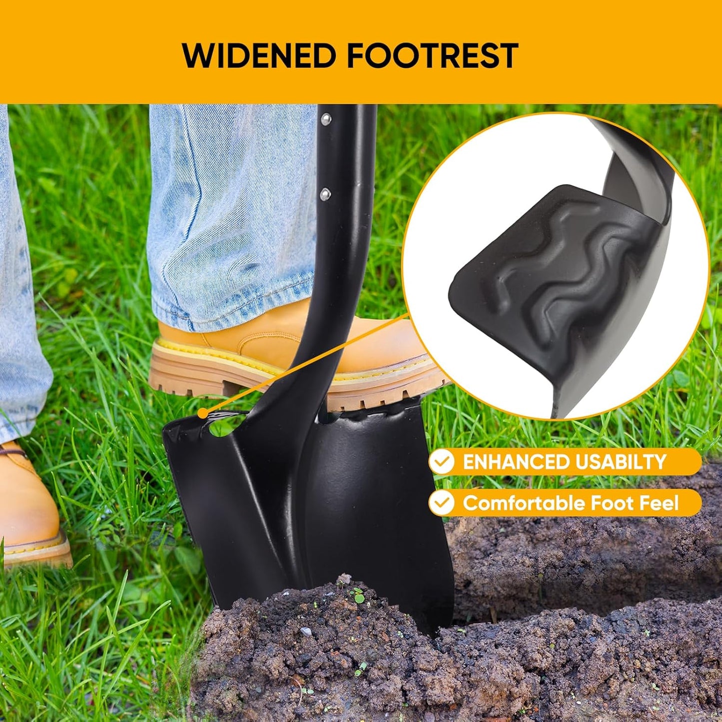 Heavy Duty Garden Shovel, 58-Inch Long Handle, Steel Head with Orange Fiberglass Handle