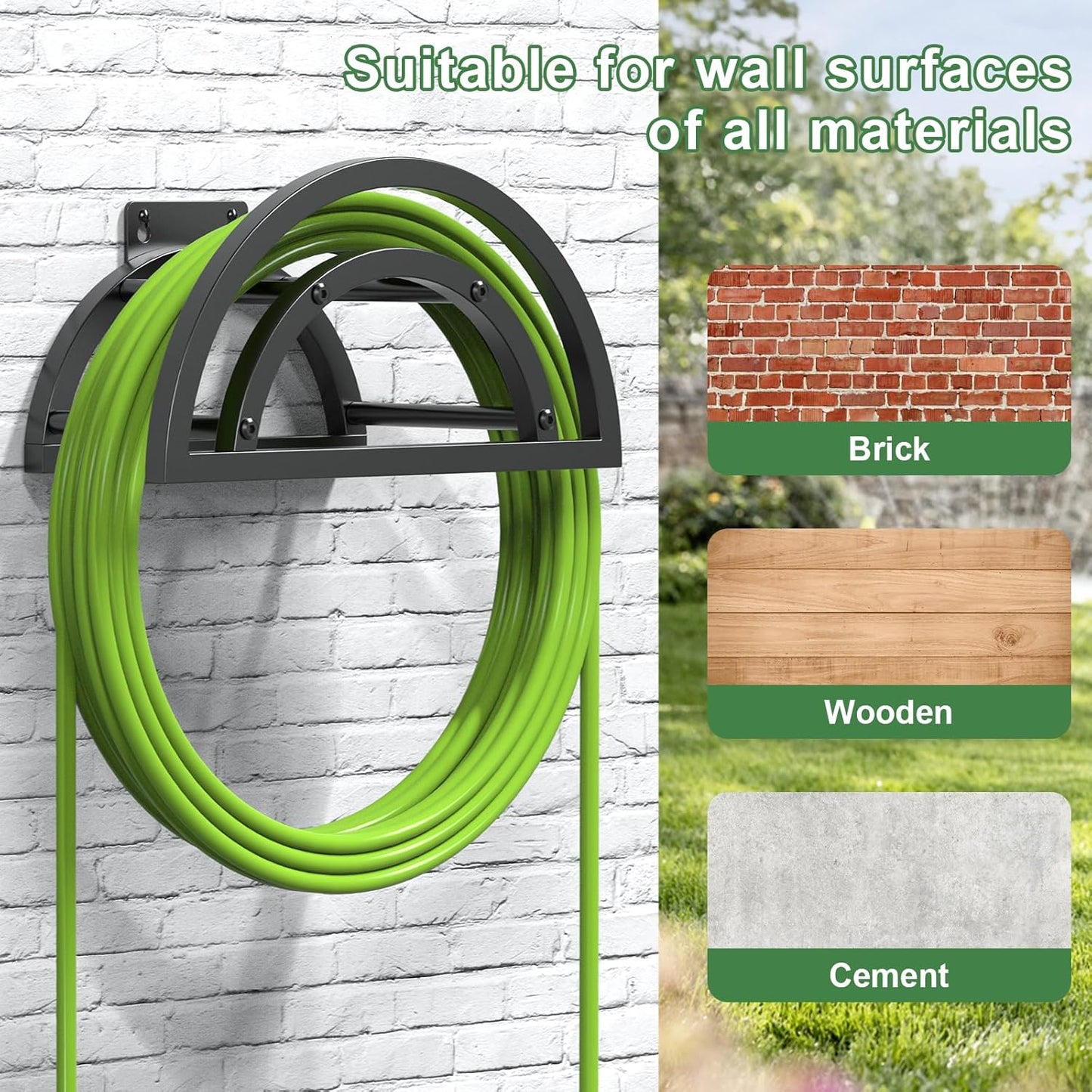 2 Pack Garden Hose Holder, Outdoor Hose Holder Wall Mounted Holds 125-ft Hose, Heavy Duty Metal Hose Hanger, Sturdy Detachable Hose Reel Storage Organizer, Hose Rack for Outside Garden Lawn Yard Farm
