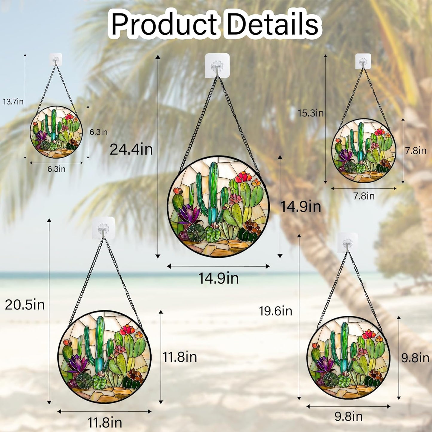 Stained Glass Window Hanging, White Green Cactus Suncatcher Diamond Glass Panel Hangings Sun Catchers Decor for Birthday for Women, Men, Wife, Aunt, and Mom 14.9x14.9 in