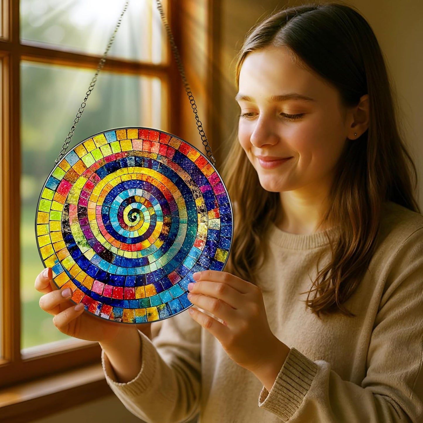 Stained Glass Window Hanging, Pauyadu 8 Inch Rainbow Spiral Stained Glass Suncatcher, Suncatchers for Windows Hanging, Window Decor, Gifts for Art Lovers, Idea Gifts for Women, Friend, Lover