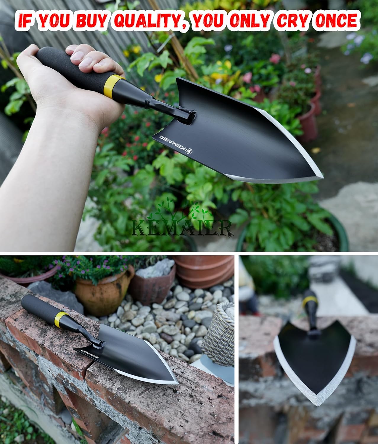 Heavy Duty Gardening Hand Trowel - Carbon Steel Garden Trowel with Rubberized Handle, Ideal for Soil Planting, Digging, Transplanting