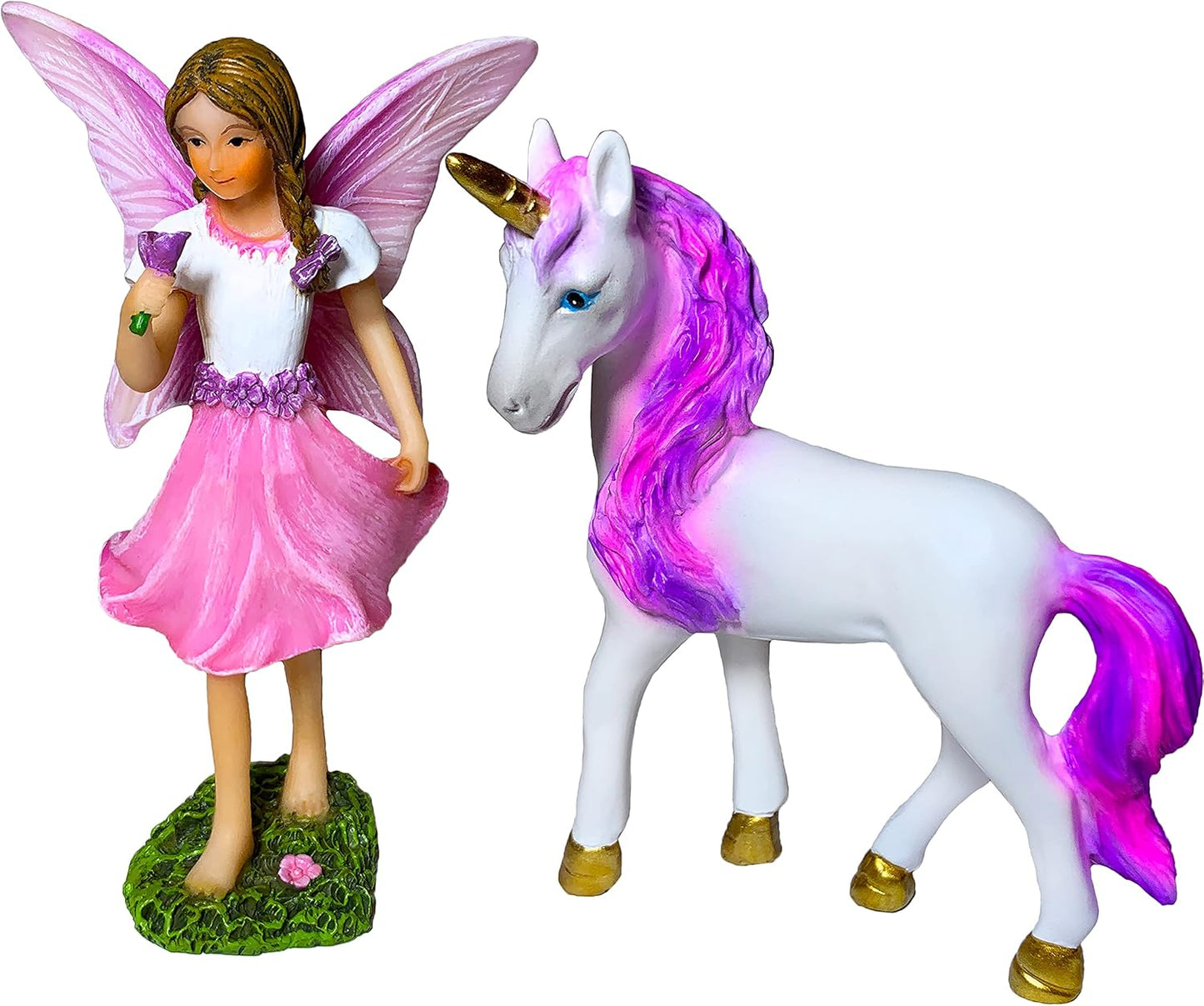 Mood Lab Fairy Garden - Fairy with Unicorn Set of 2 pcs - Miniature Figurines Statue Kit - Outdoor or House Decor