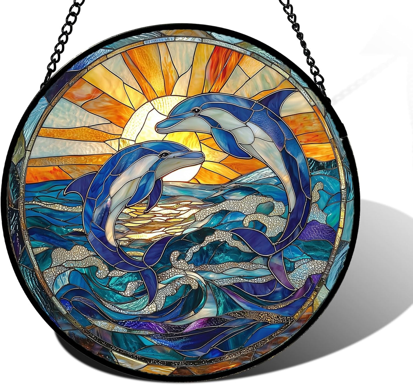 Stained Glass Window Hanging, Blue Dolphin Sun Catchers Colorful Glass Panel Sunrise Sea View Suncatcher Decor for Birthday for Women, Men, Wife, Aunt, and Mom 6.3 in