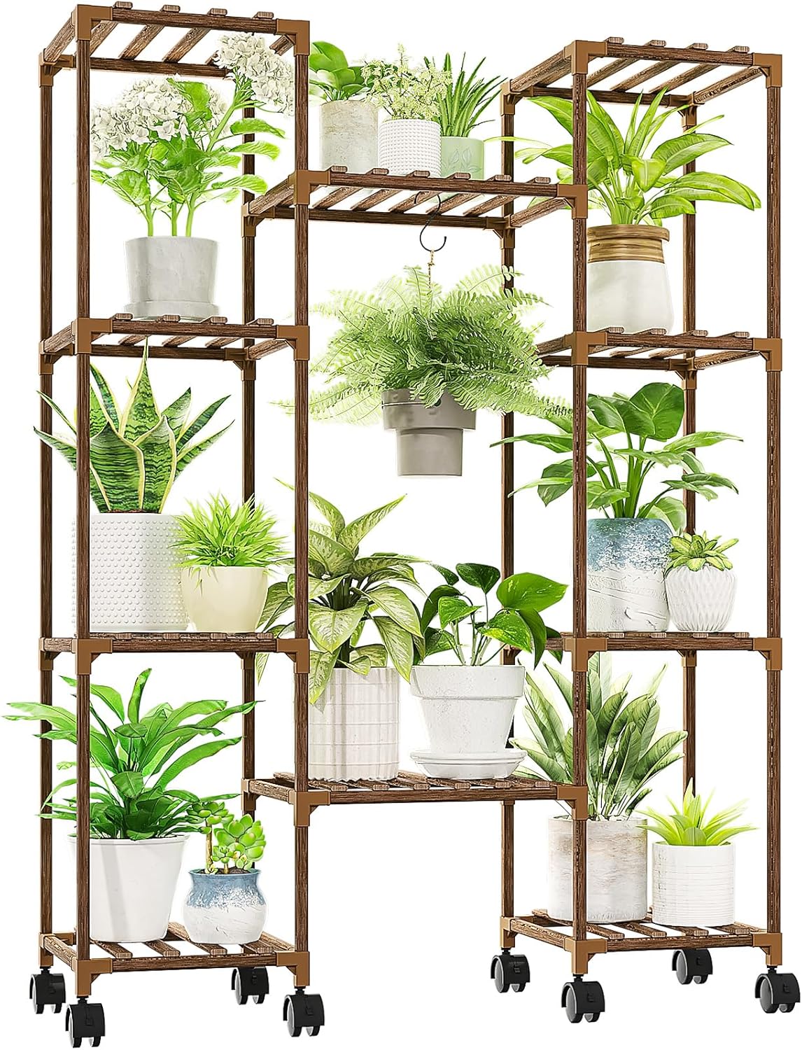 Plant Stand with Wheels Outdoor Indoor Hanging Plant Shelf for Multiple Plants Tall Large Holder for Living Room Patio Balcony Garden Corner Mobile
