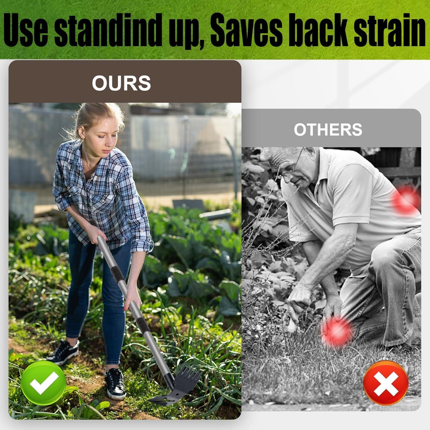 Weed Puller Tool with Long Handle, 60'' Weed Remover Weeding Tool, 2 in 1 Hand Weed Rake and Garden Hoe for Gardening, Uprooting Weeding Tool for Yard, Lawn, Patio, Garden