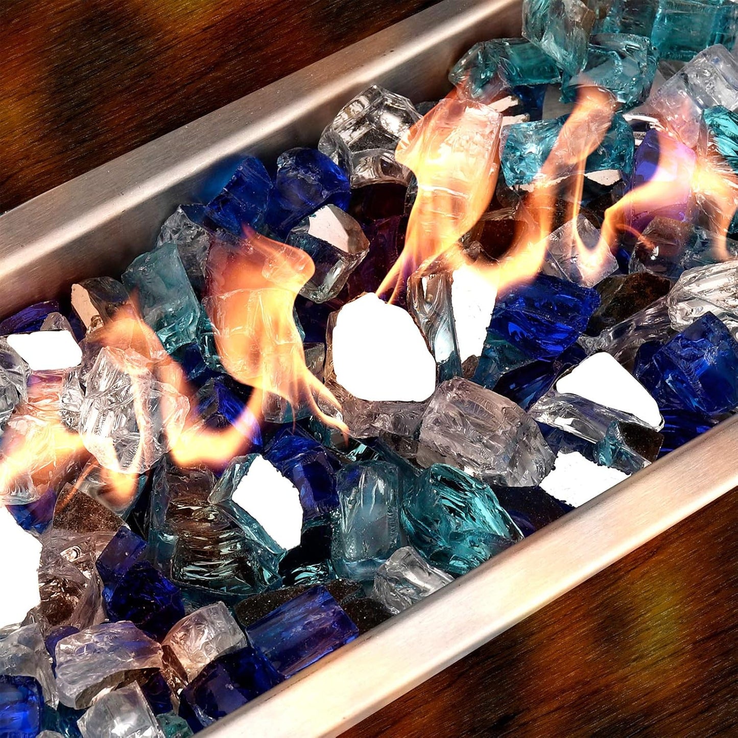 Mr. Fireglass 10 Pounds Blended Fire Glass - 1/4 Inch Mixed Colored High Luster Reflective Tempered Glass Rocks for Fireplace Fire Pit Table Fireplace and Landscaping, Aqua Blue+Cobalt Blue+Platinum