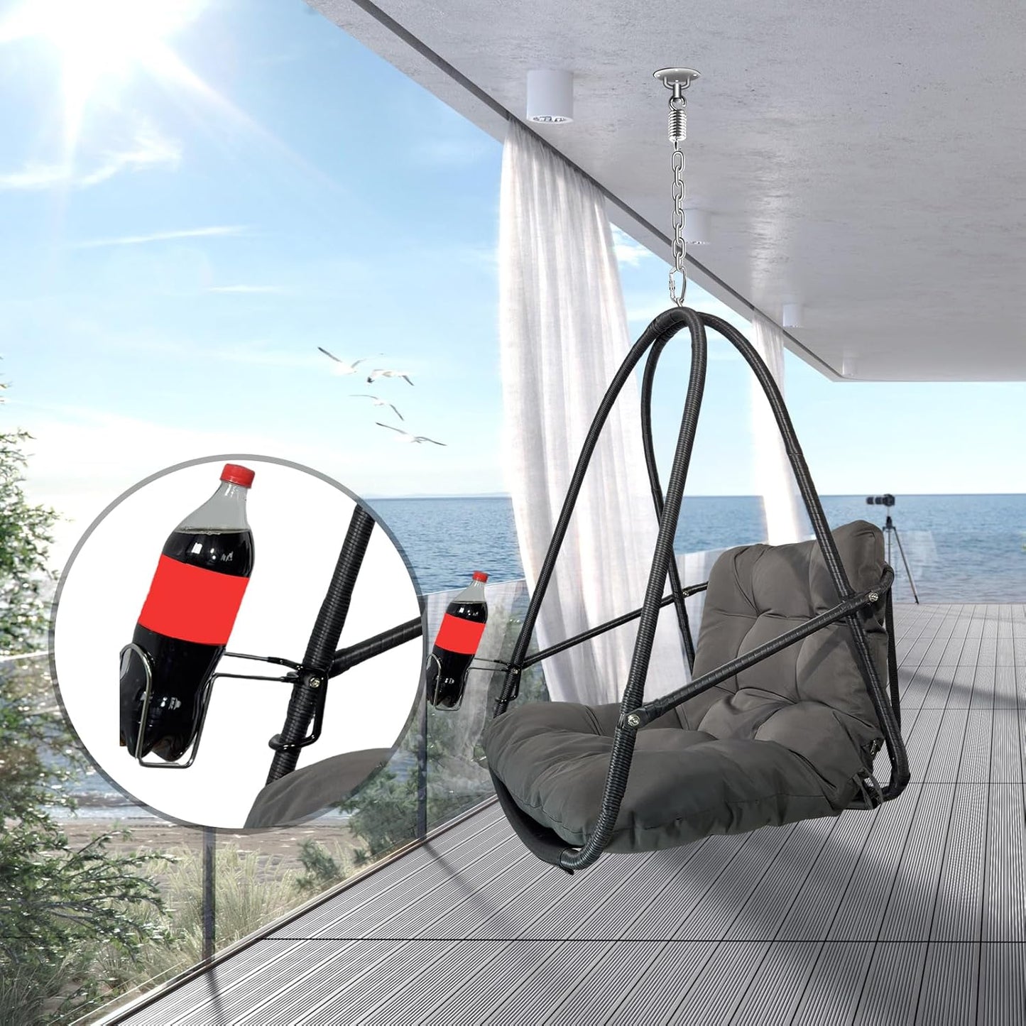 JESE Swing Egg Chair Without Stand Foldable Frame Hanging Chairs for Indoor Outside,with UV Resistant Waterproof Cushion&Cup Holder,Swing Hammock Chair for Patio,Bedroom,Balcony,Garden,Backyard,Black