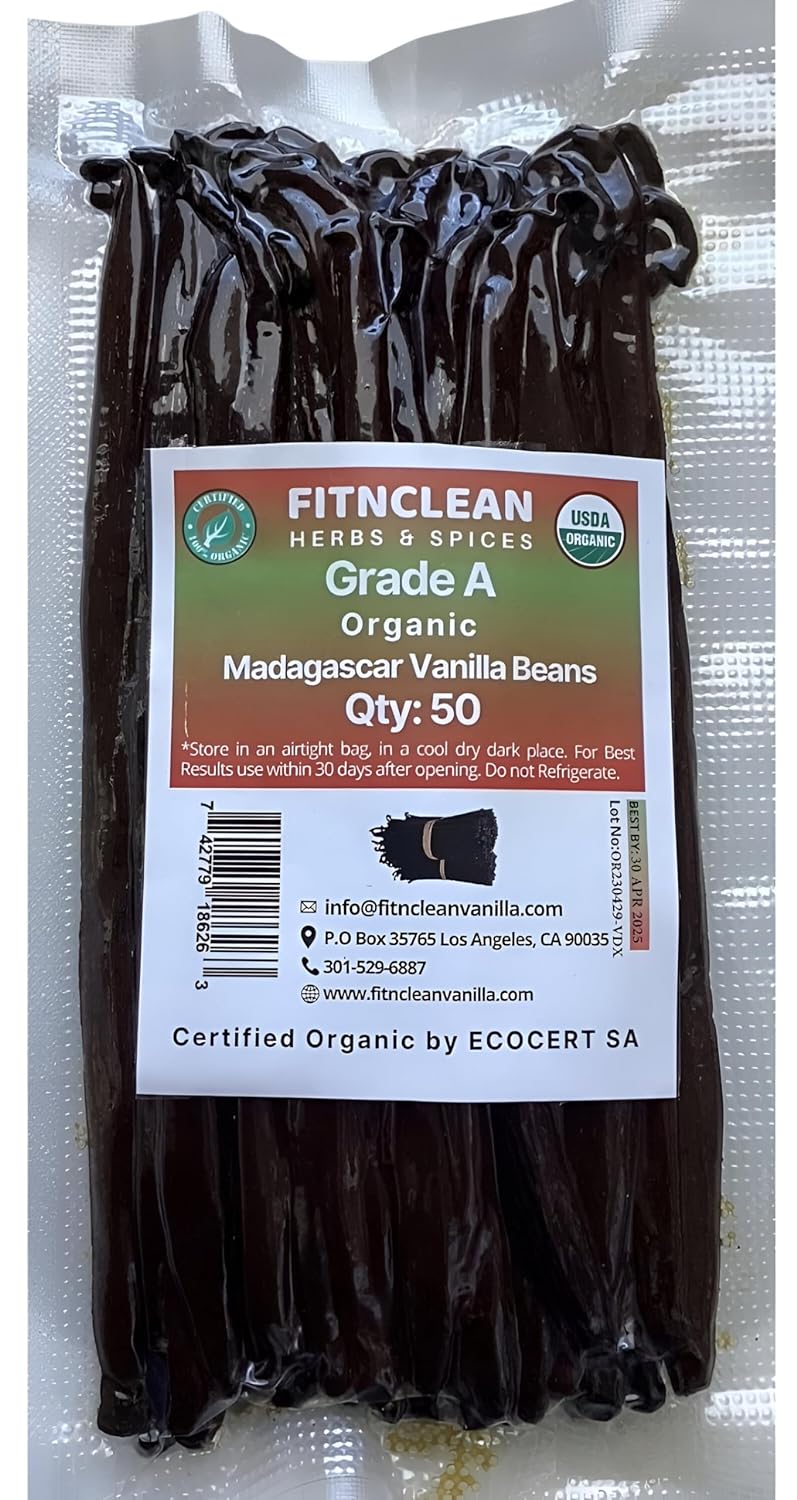 50 Organic Grade A Madagascar Vanilla Beans. Certified USDA Organic for Extract and all things Vanilla by FITNCLEAN VANILLA. ~5" Bulk Fresh Bourbon NON-GMO Pods.