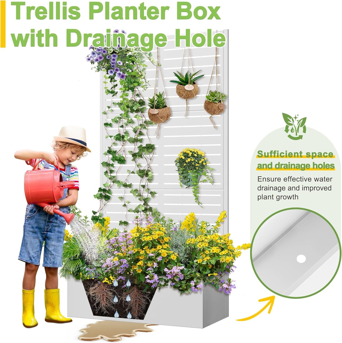 FENCY Metal Raised Garden Bed with Trellis, Metal Planter Box with Trellis, Garden Box for Climbing Plants Vegetable, 35" Lx16 Wx71 H Garden Bed with Drainage Holes(White-Louvered)