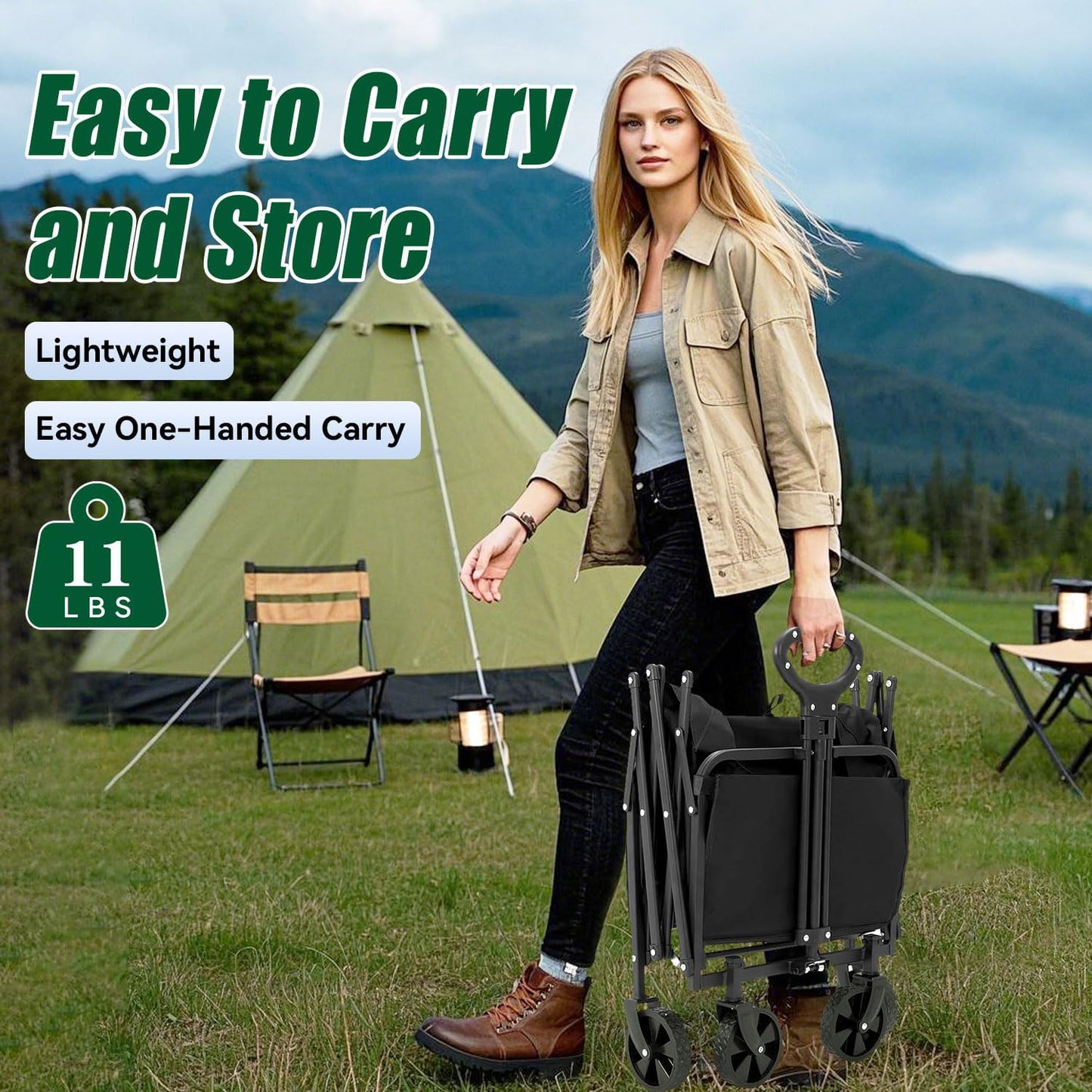 Collapsible Wagon Cart Foldable 360lbs Capacity, Lightweight Portable Beach Wagon, Shopping Carts with Wheels for Grocery, Camping, Shopping, Beach, Fishing, Garden Cart