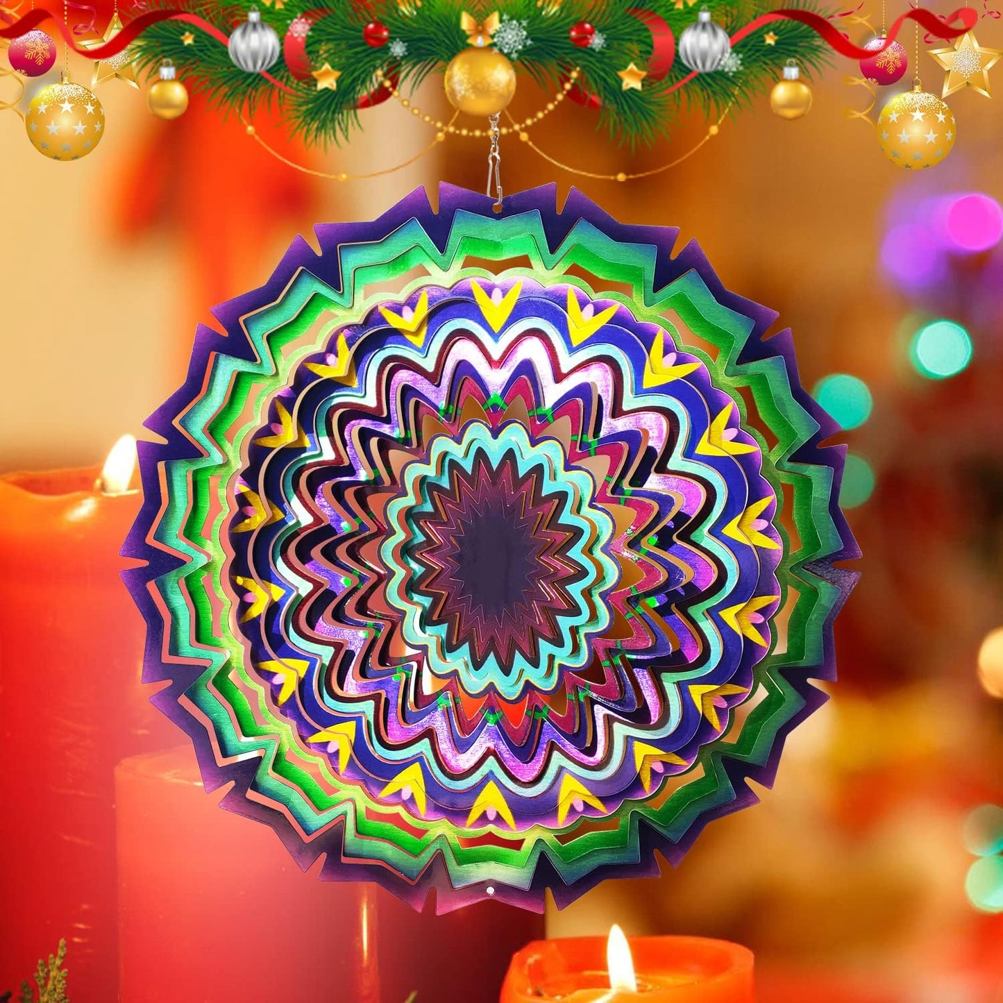 FONMY Wind Spinner Mandala Lucky Star Purple Color 12 inch 3D Stainless Steel Laser Cut Metal Art Geometric Pattern - Hanging Wind Spinner, Kinetic Yard Art Decorations - Indoor/Outdoor Décor