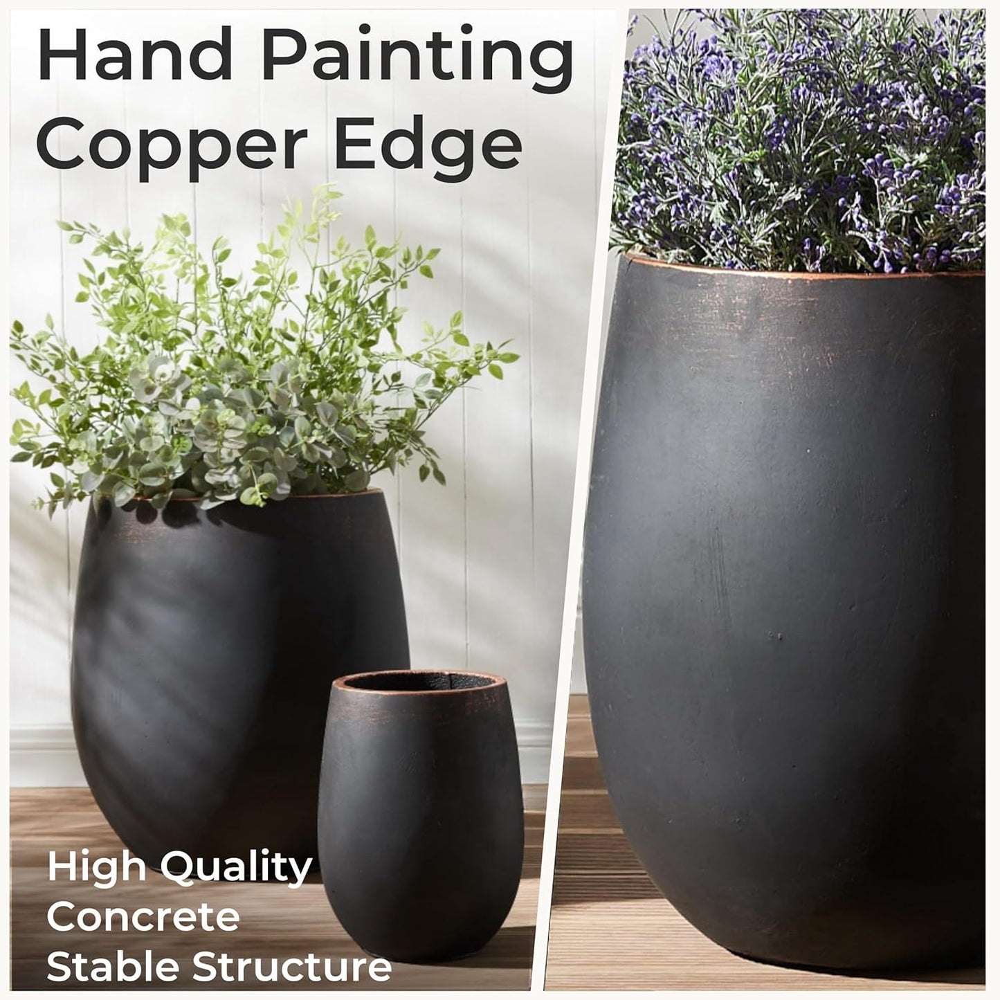 17.7"+13.3"+9.5" Dia Round Concrete Planter Set of 3, Large Outdoor Planter, Black with Gold Rim, Flower Pots with Drainage Holes for Garden, Patio, Home, Office