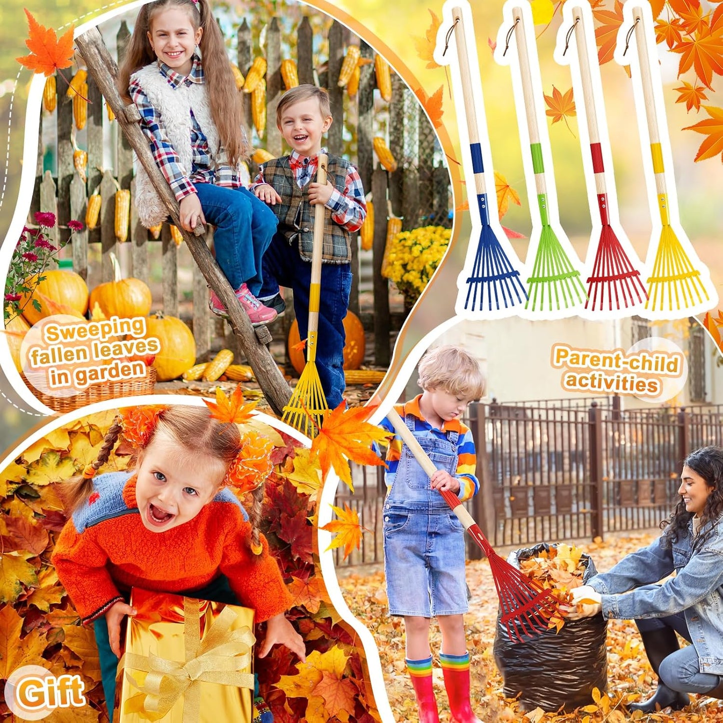 Suclain 4 Pcs Mini Rakes with Hardwood Handle Small Rake for Gardening Yard Tools Multicolor 28'' Mini Rake for Leaves Lightweight for Garden Leaf Tools