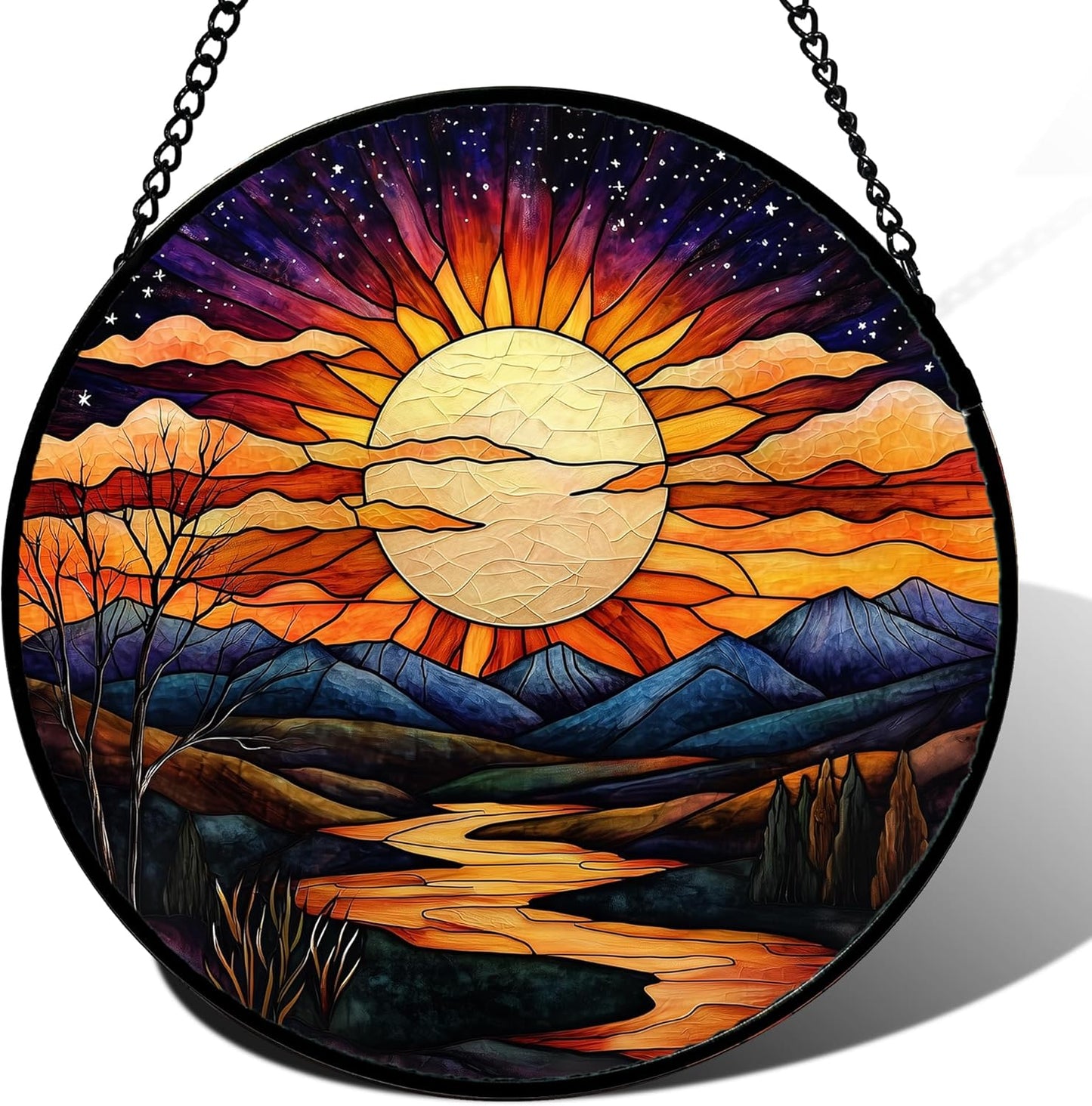 Stained Glass Window Hanging, The Sun Shines Brightly on Lake Sun Catchers Colorful Glass Panel Suncatcher Decor for Birthday for Women, Men, Wife, Lovers, and Mom 14.9x14.9 in