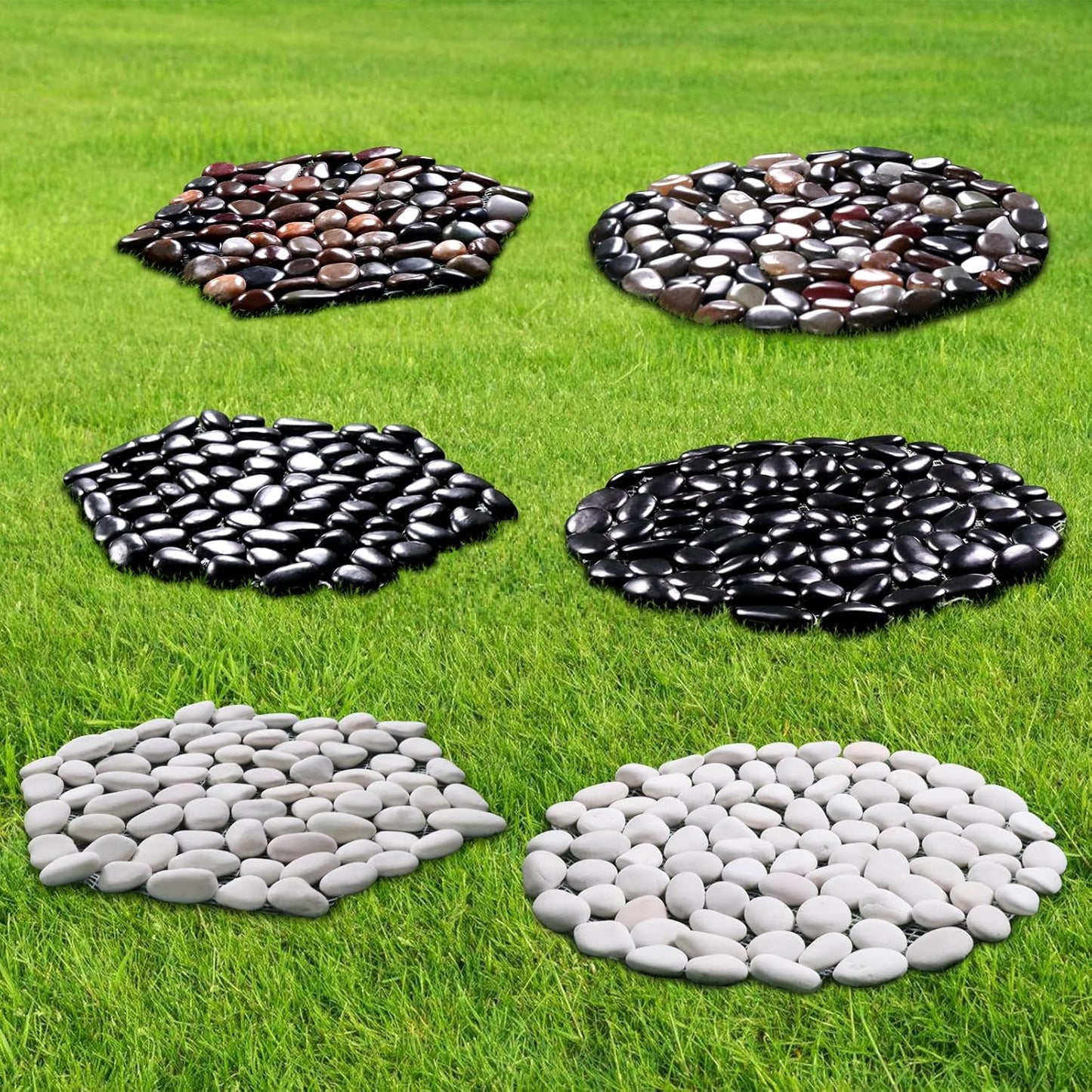 10in River Rock Stepping Stones Set - 6 Pack | Polished Pebble | Long-Lasting PVC Mesh Backing | Perfect for Garden Paths and Lawns Outdoor Landscaping Decoration | Rhombus and Round Set