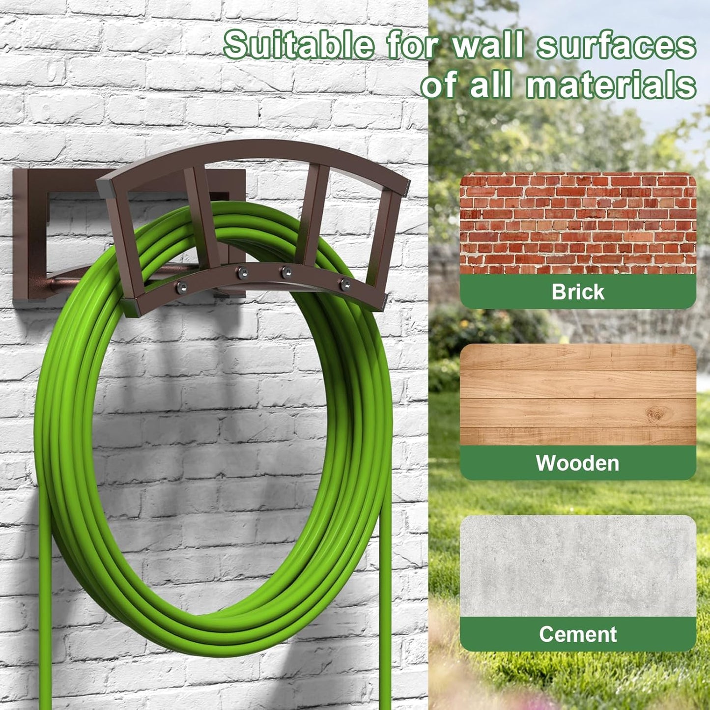 2 Pack Garden Hose Holder Wall Mounted, Outdoor Heavy Duty Metal Water Hose Holder Hanger Holds 125-ft Water Pipe, Sturdy Detachable Hose Storage Organizer Reel Rack for Outside Garden Lawn, Bronze
