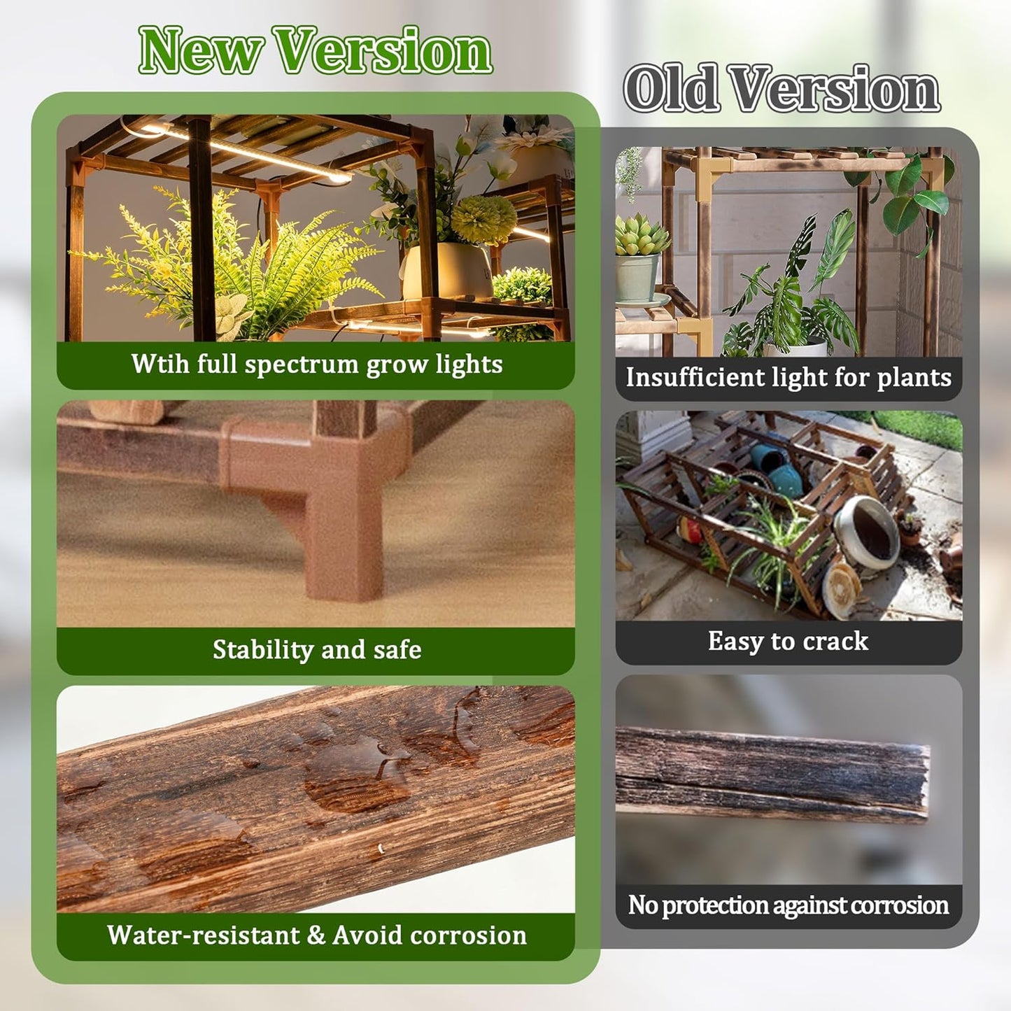 Dreyoo Plant Stand with Grow Lights, Wood Plant Shelf with Full Spectrum Grow Lamp for Indoor Corner, Vintage Multi Layer Lighted Stand for Living Room Balcony Display(11 Tiered Shape)