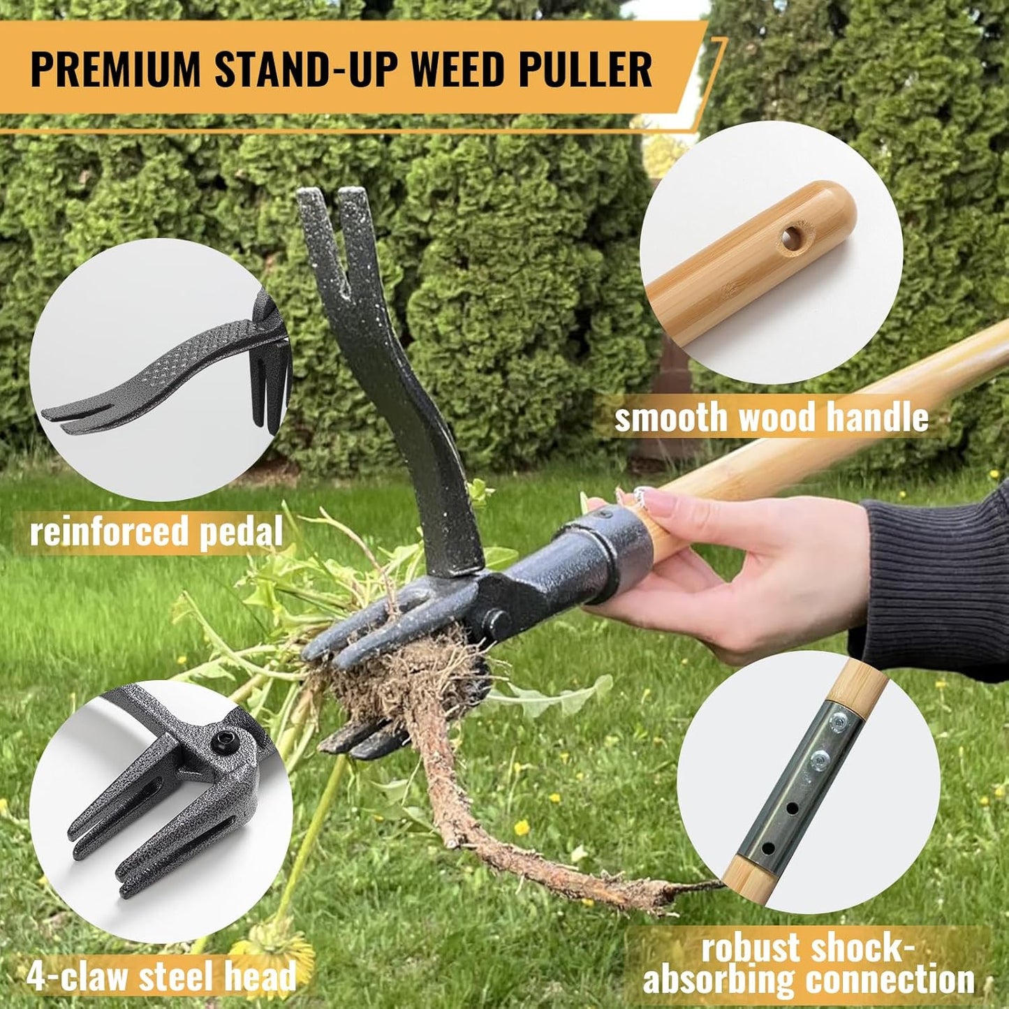 Weed Puller Tool, Stand Up Weed Remover Tool with Long Handle, 4-Claw Steel Head Manual Weeders, Gardening Hand Weeding Tools Without Bending, Pulling, or Kneeling
