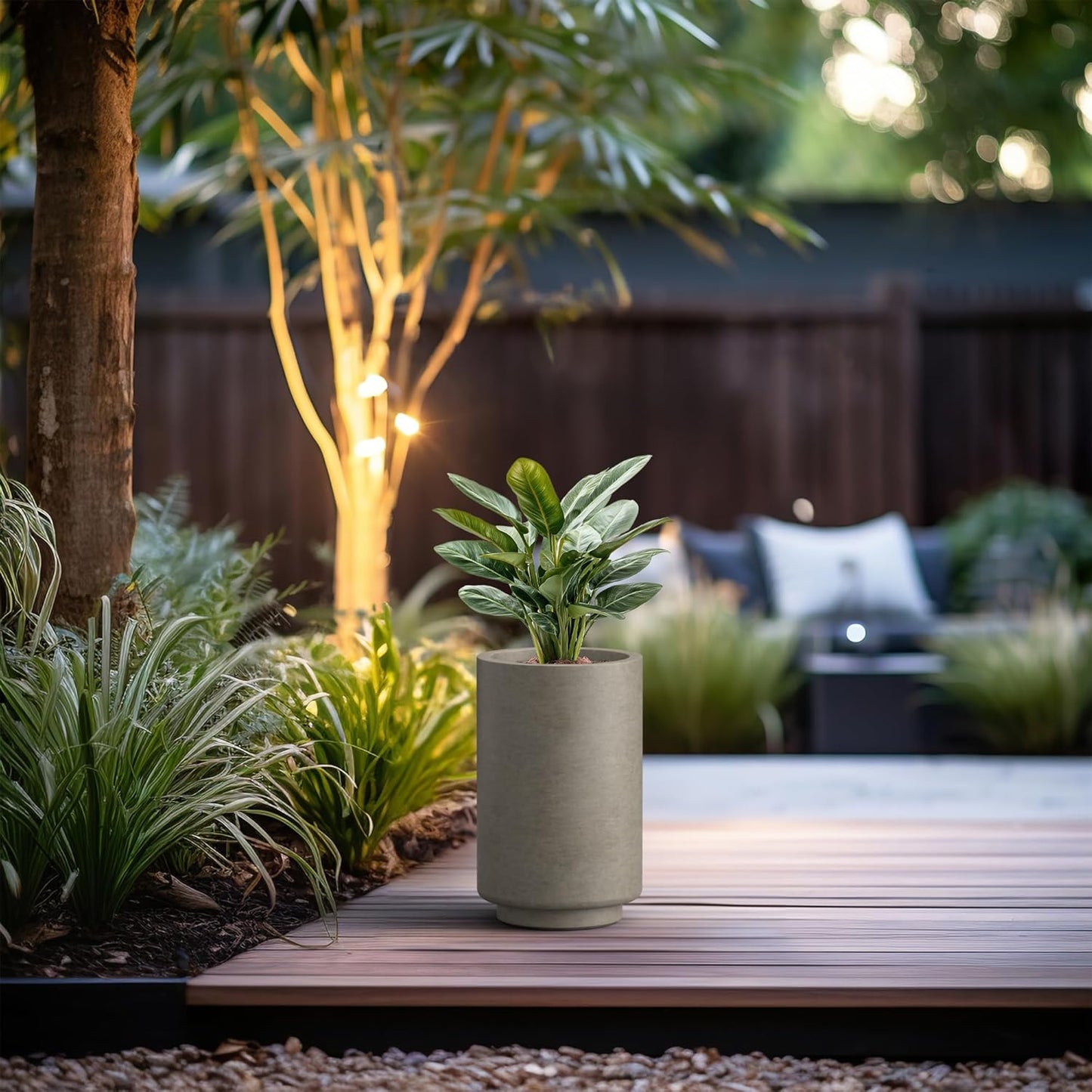 Kante 15.7 Inch Tall Concrete Planter, Round Pedestal Design Garden Pot for Indoor Outdoor Plants, Modern Garden Pot with Drainage Hole, Weathered Concrete Finish with Warm Brown Interior