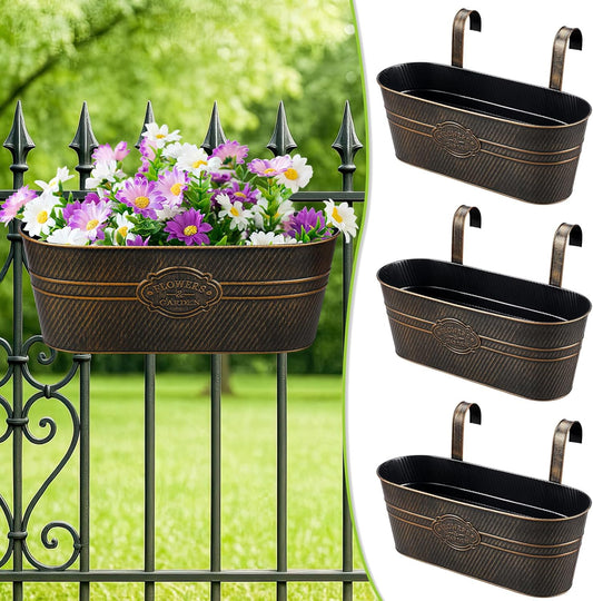 3 Pcs Large Balcony Planters Railing Hanging Flower Pots- 16.2 Inch Metal Railing Planter Box Fence Planters for Outdoor Plants with Detachable Hooks and Drain Holes for Garden Decor (Retro-3pcs)